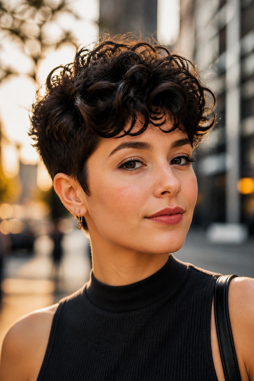 Close-up of a real person with a curly pixie and full crown on city street