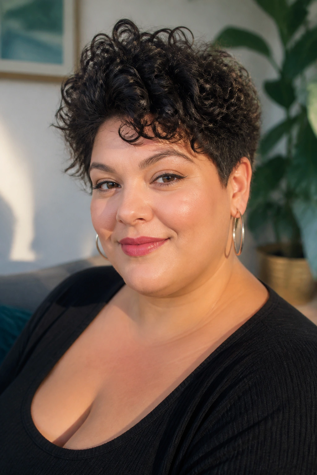 Close-up of real woman with curly pixie and crown height in natural light