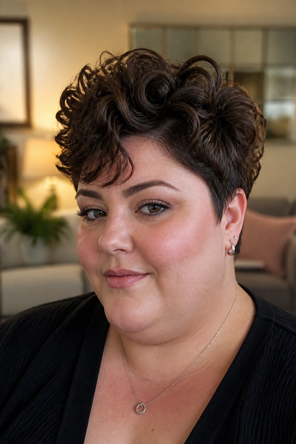 Close-up of real woman with curly pixie crown lift