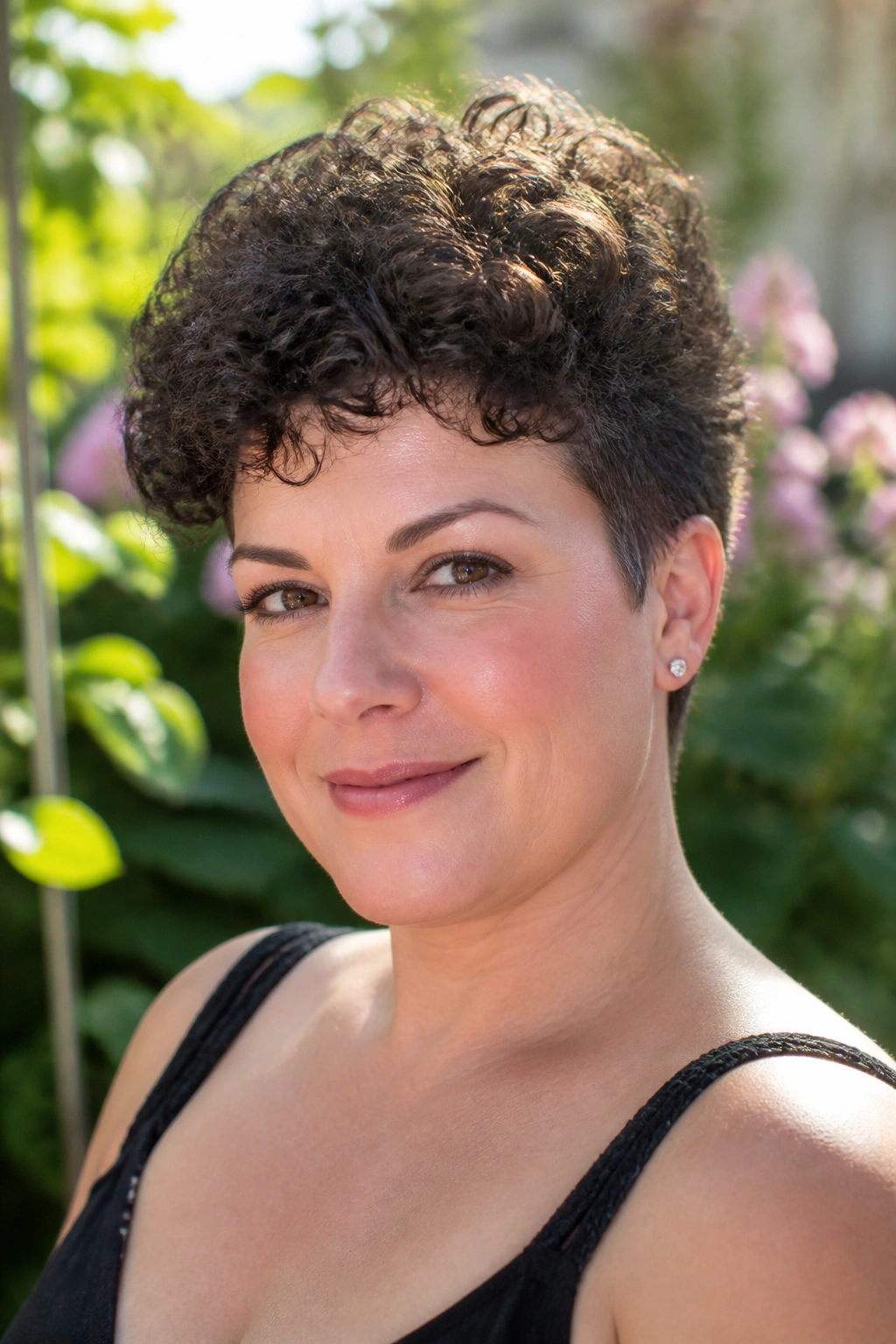 Close-up portrait of a real woman with a curly pixie and lifted crown.
