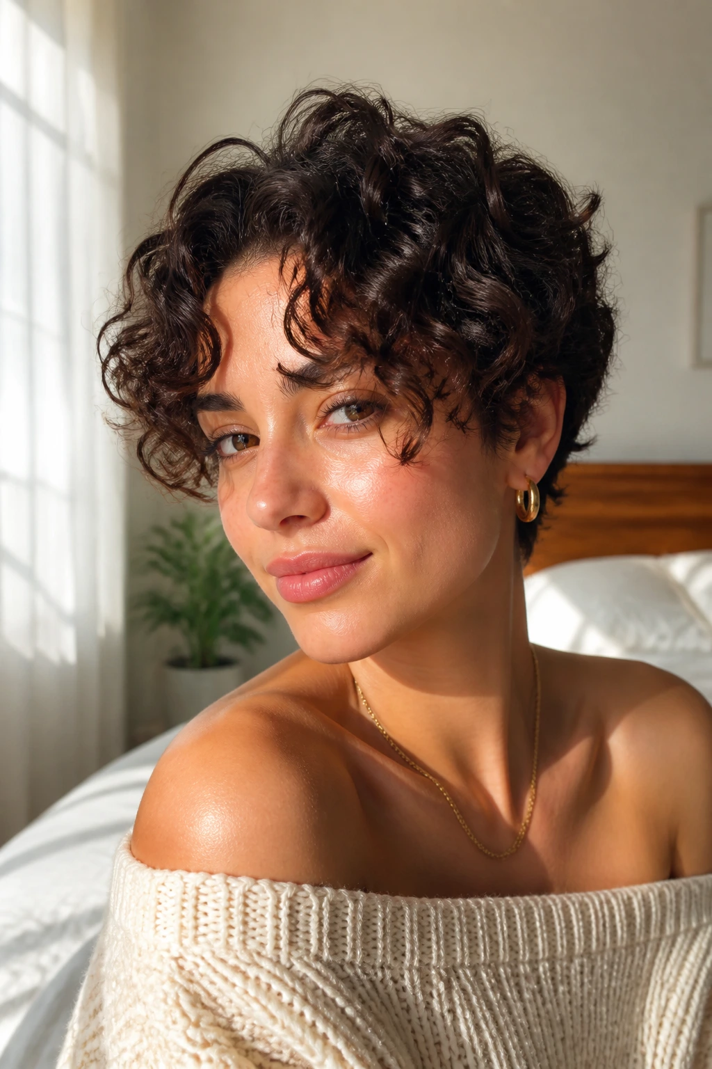 Portrait of a woman with curly pixie and curtain bangs softly split, natural window light