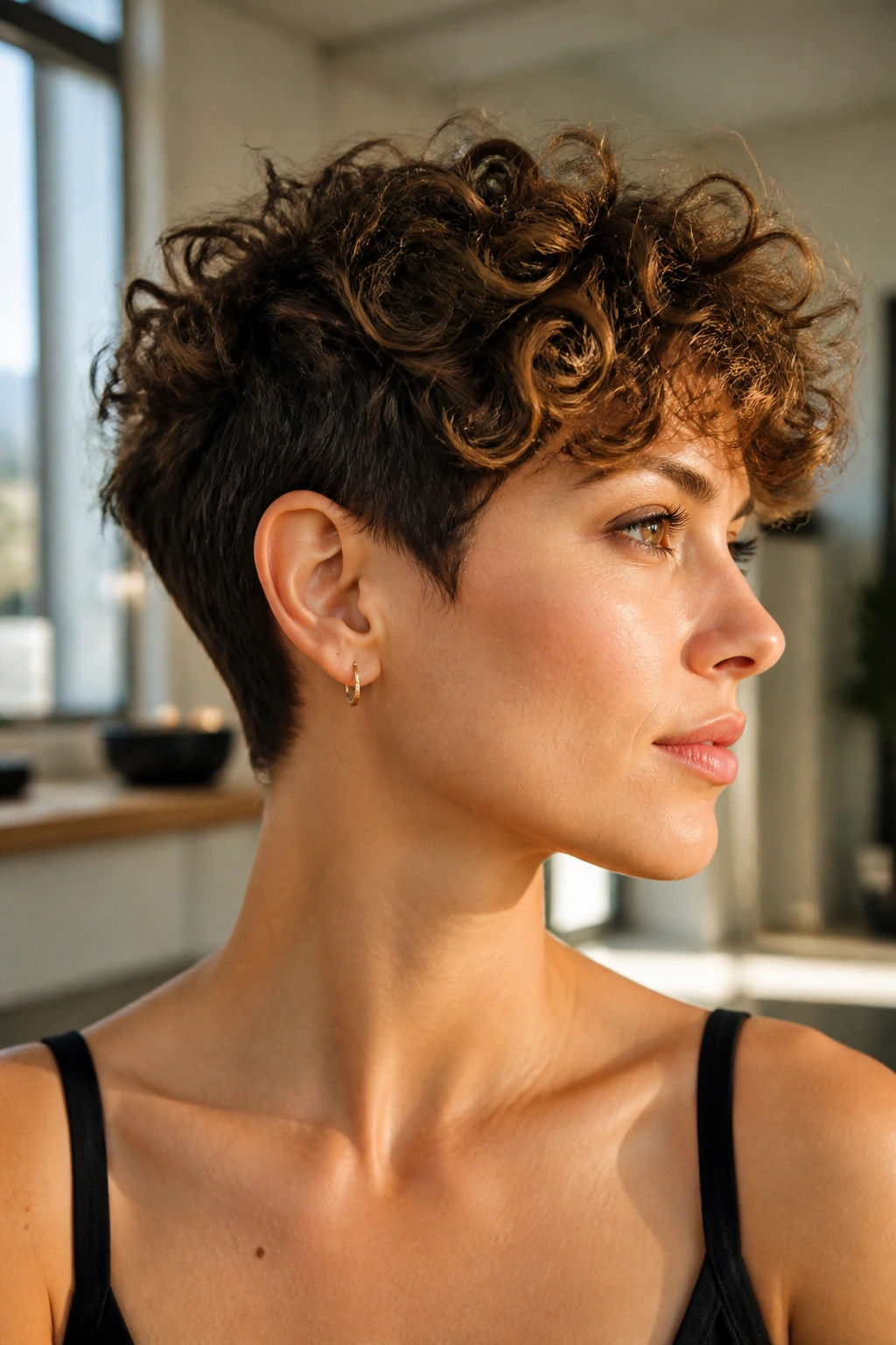 Portrait of a woman with curly pixie haircut showing top curls and short sides