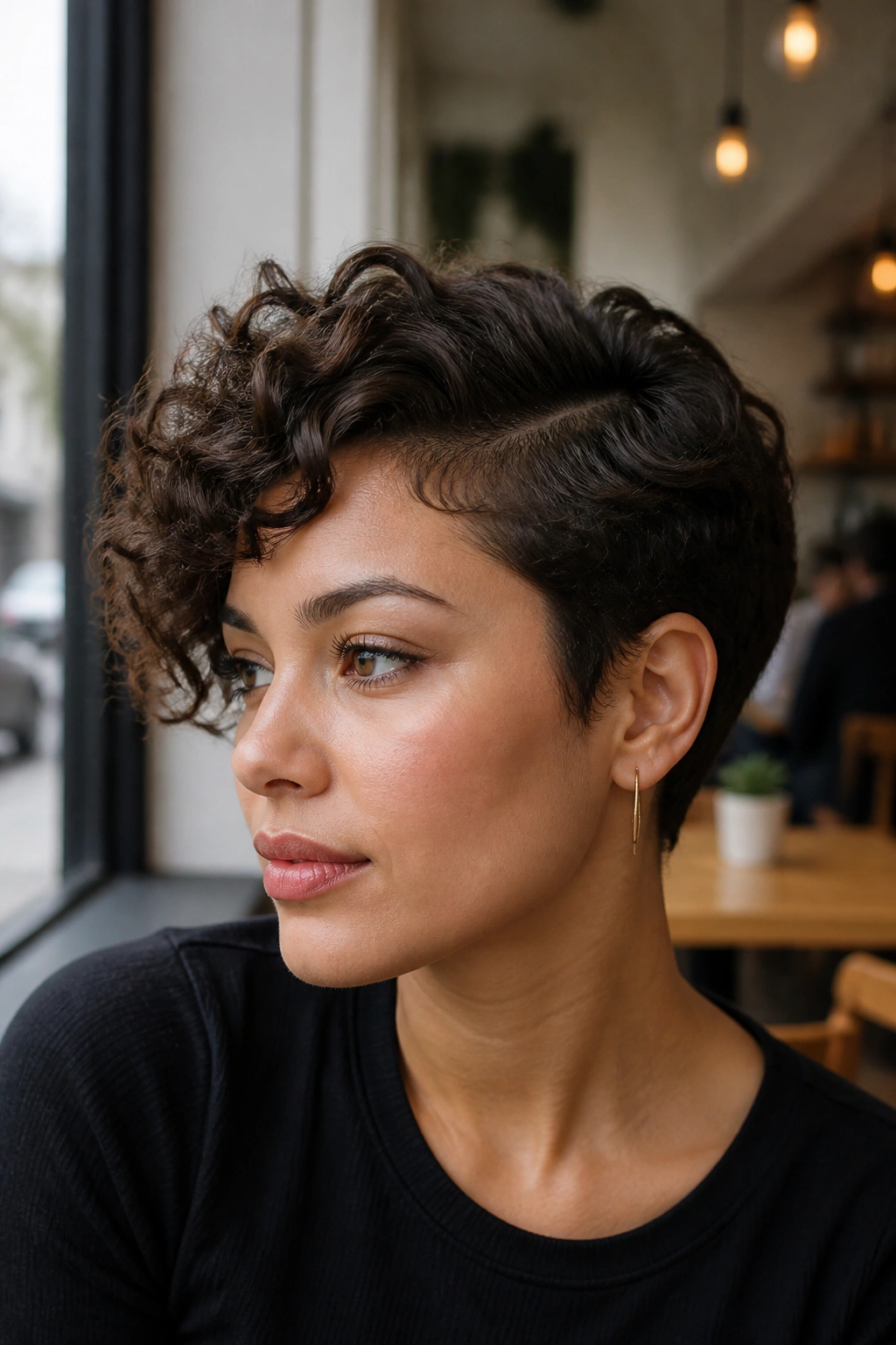 Portrait of a real person with a deep side part in a curly pixie