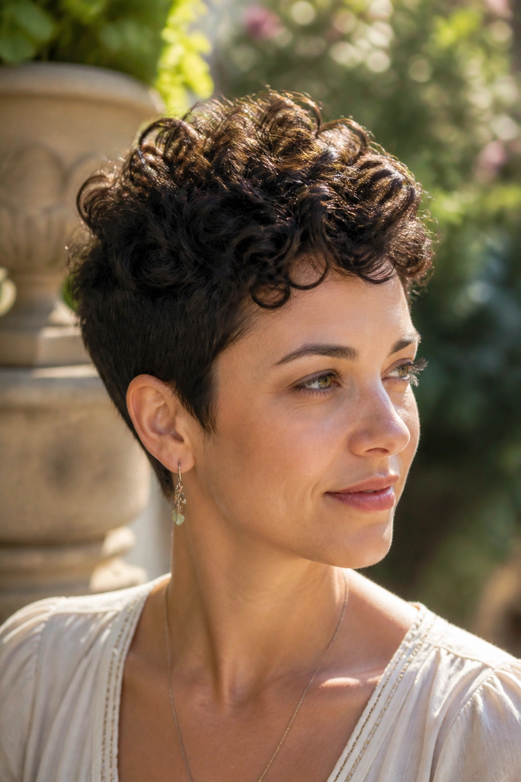 Close-up portrait of a real person with defined crown curls on a pixie