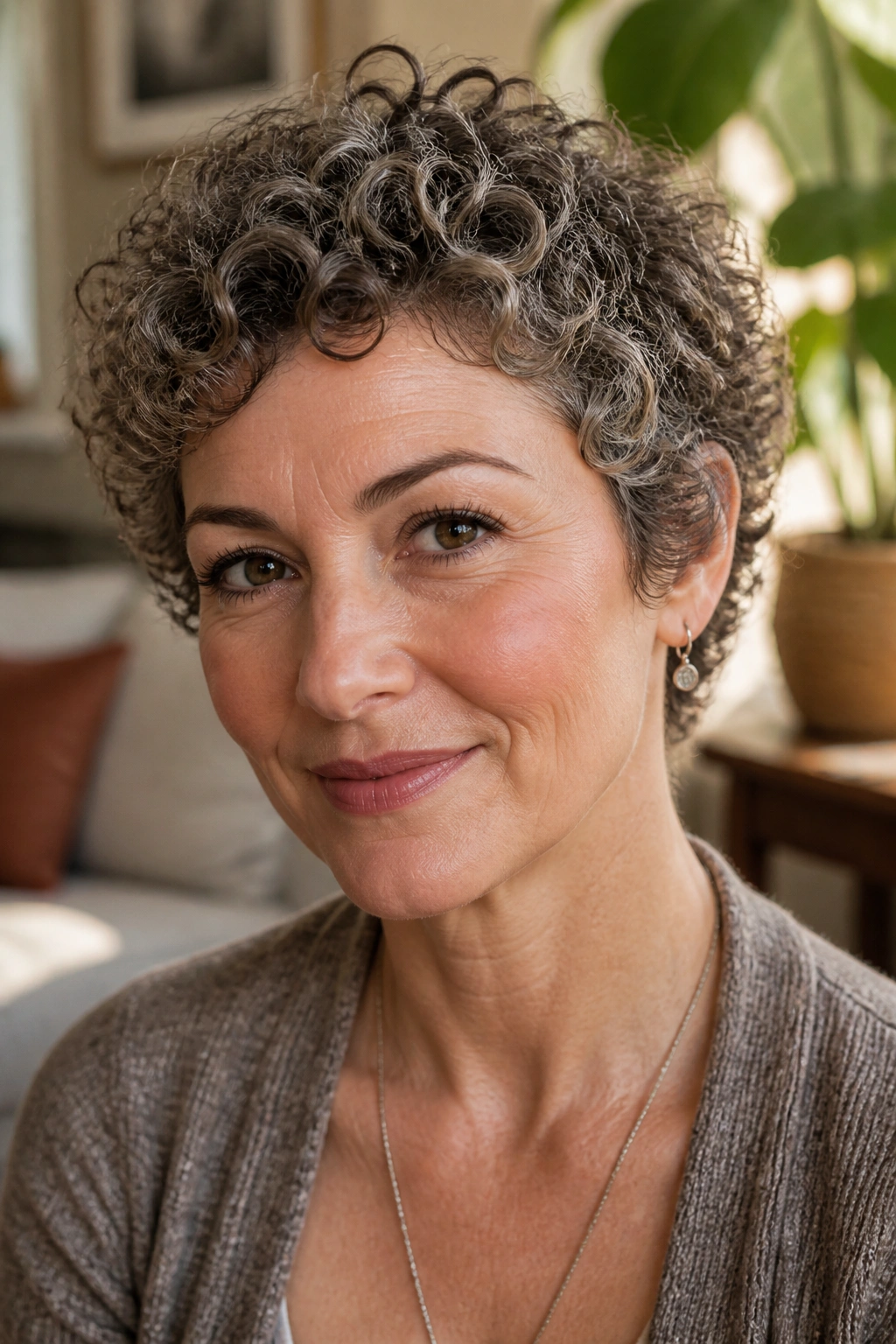 Close-up of a real woman with a curly pixie and defined ringlets