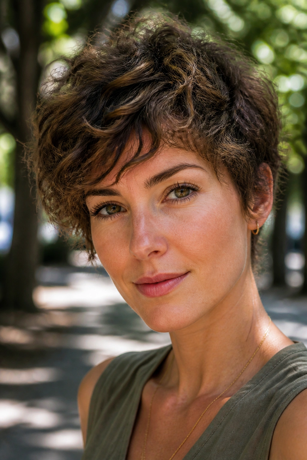 Portrait of a real woman with curly pixie and diffused shape in a park setting