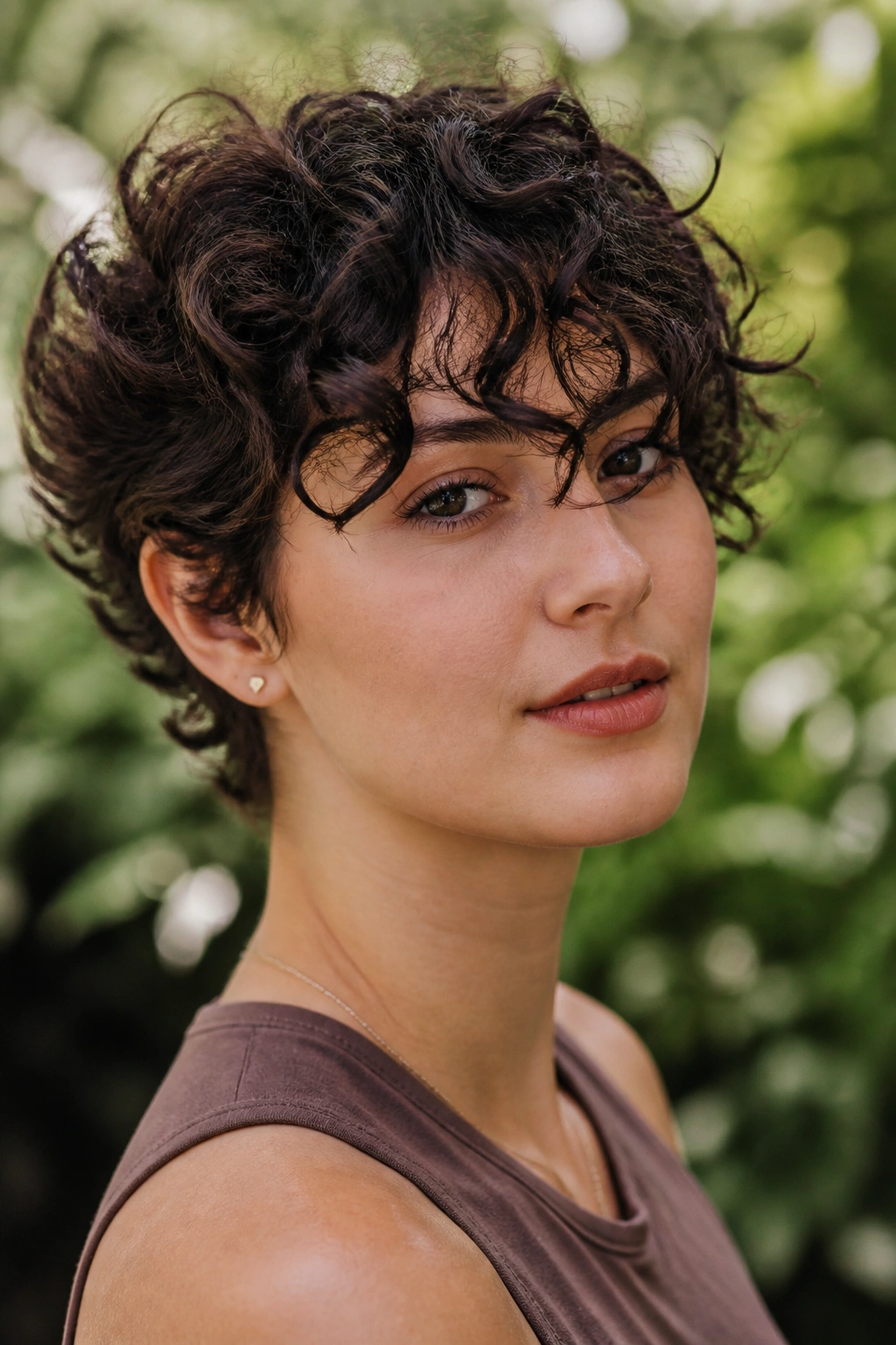 Close-up of a curly long bang pixie with airy fringe in natural outdoor light