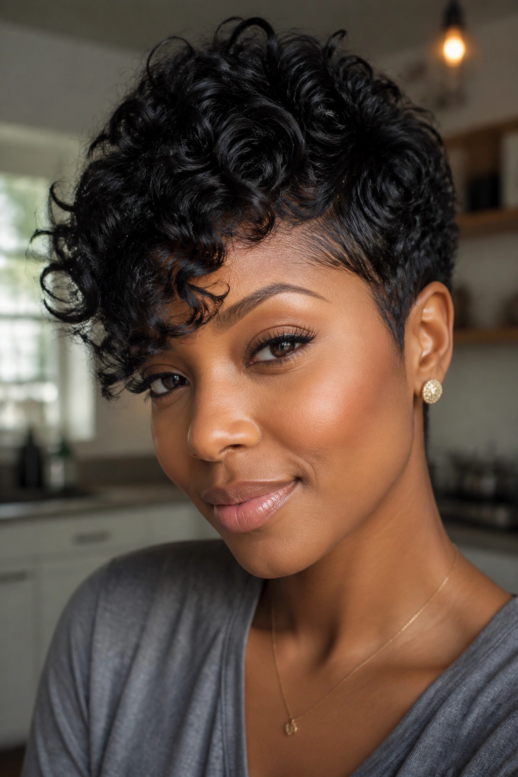 Close-up of a real Black woman with a curly pixie cut and side-swept fringe