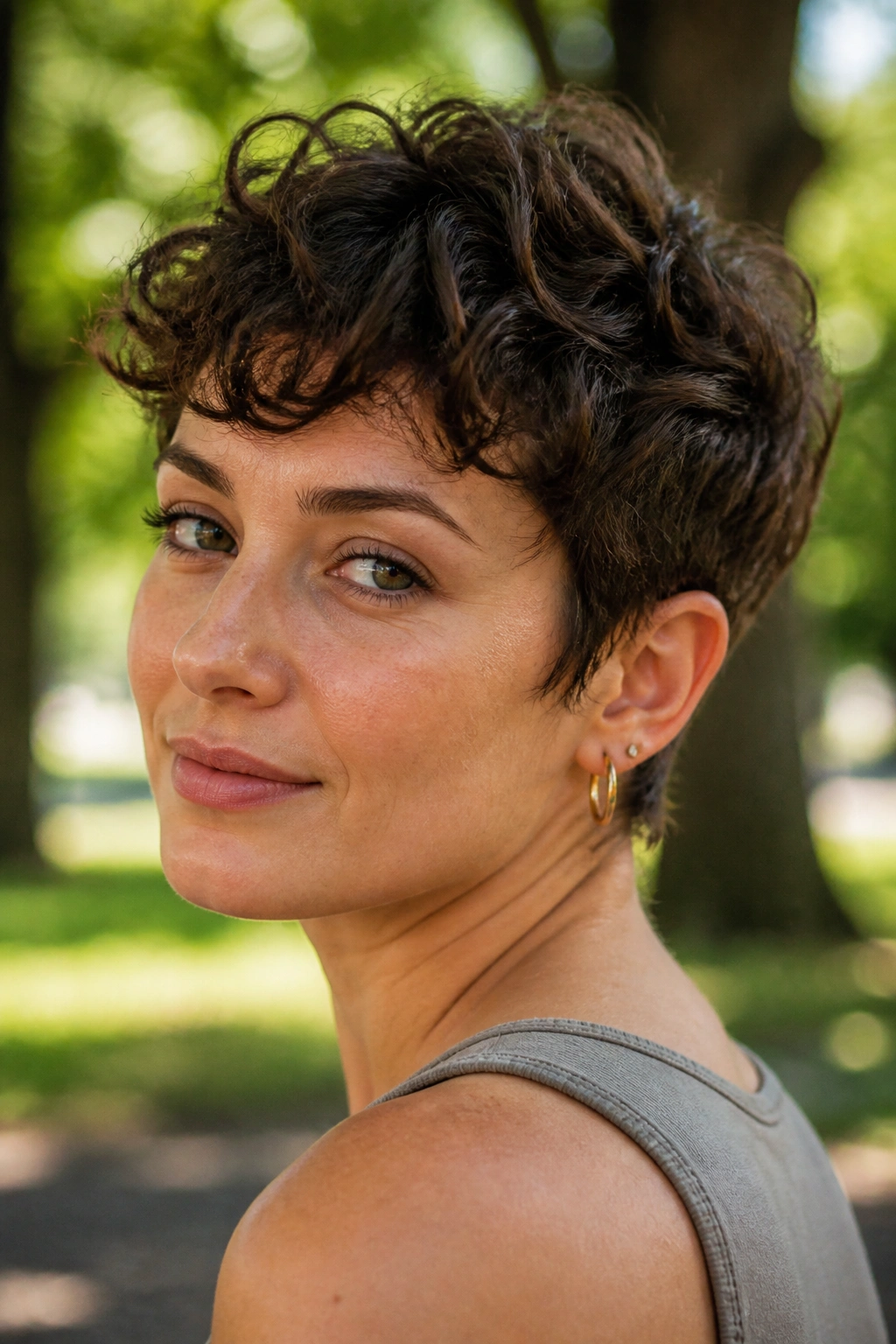 Close-up portrait of a real woman with curly pixie and springy curls