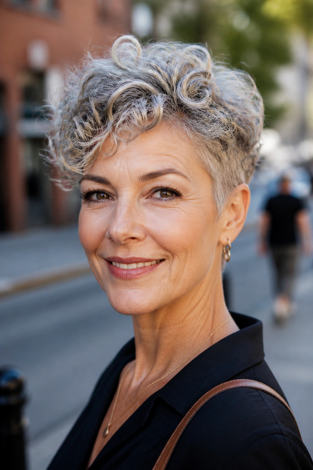 Portrait of a woman with a curly pixie with longer top.