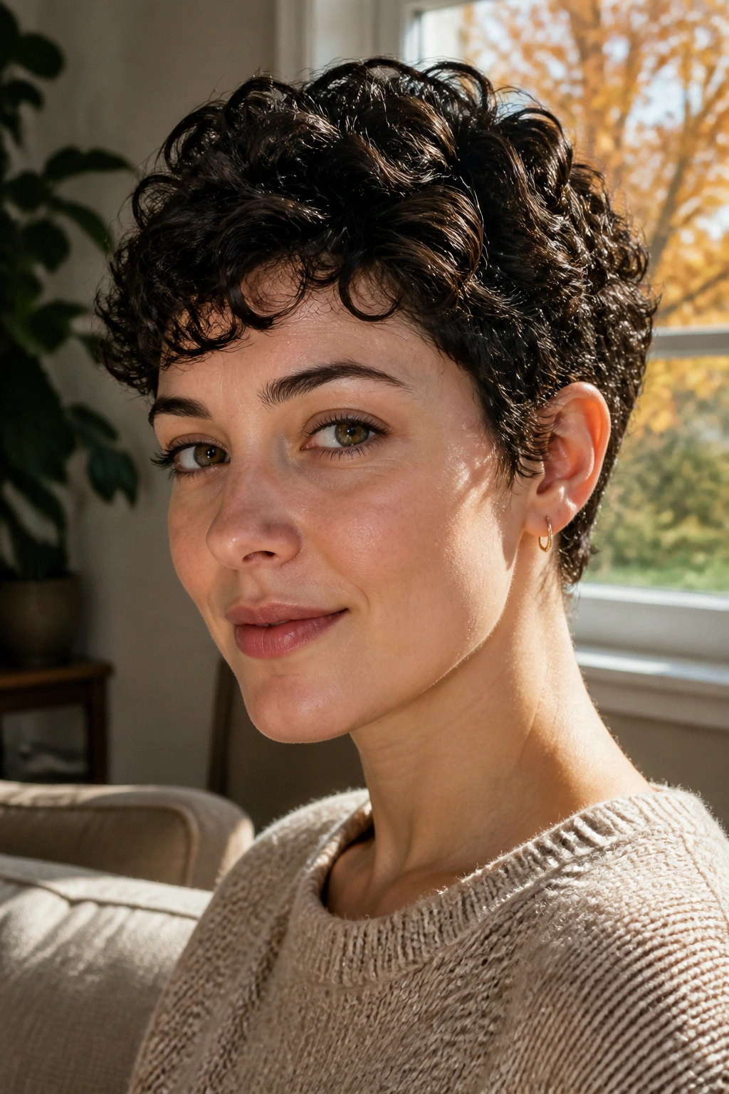 Close-up portrait of a real woman with a curly pixie hairstyle in natural daylight.