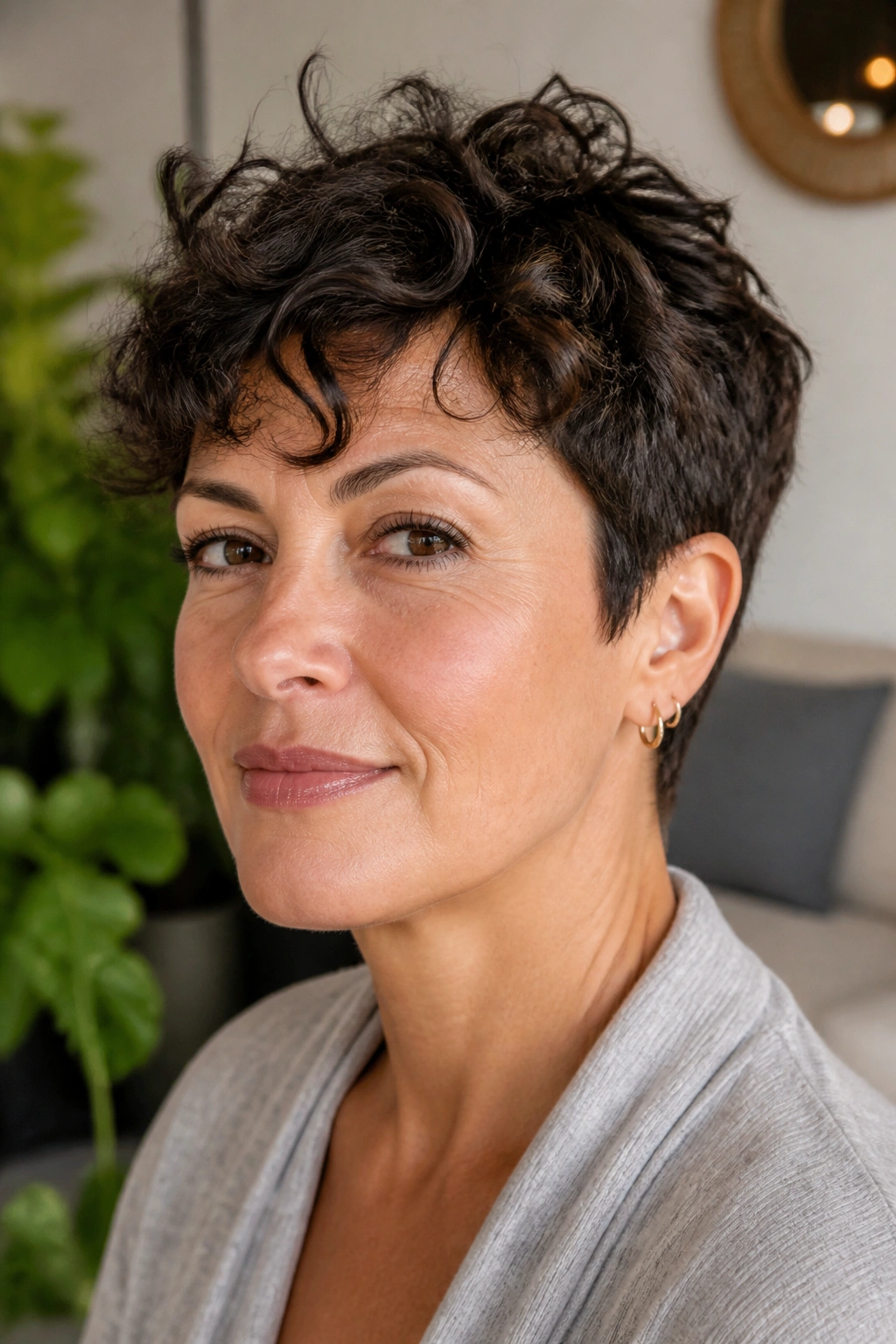 Close-up portrait of a real woman with curly pixie hairstyle in soft daylight