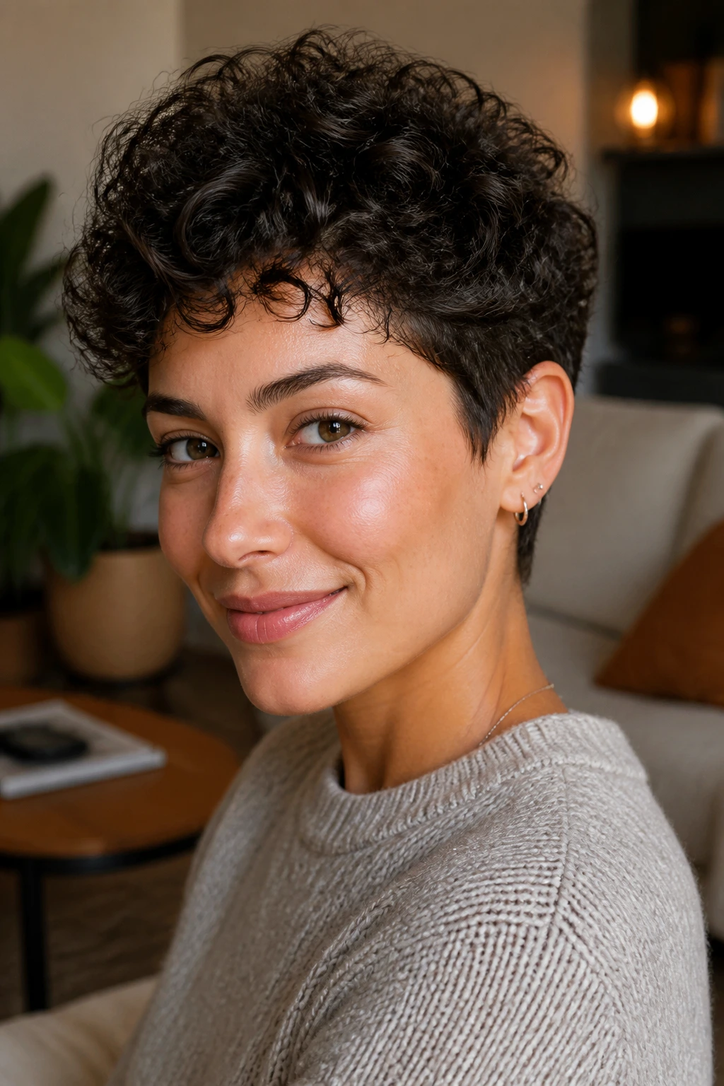 Close-up portrait of a real woman with a curly pixie hairstyle