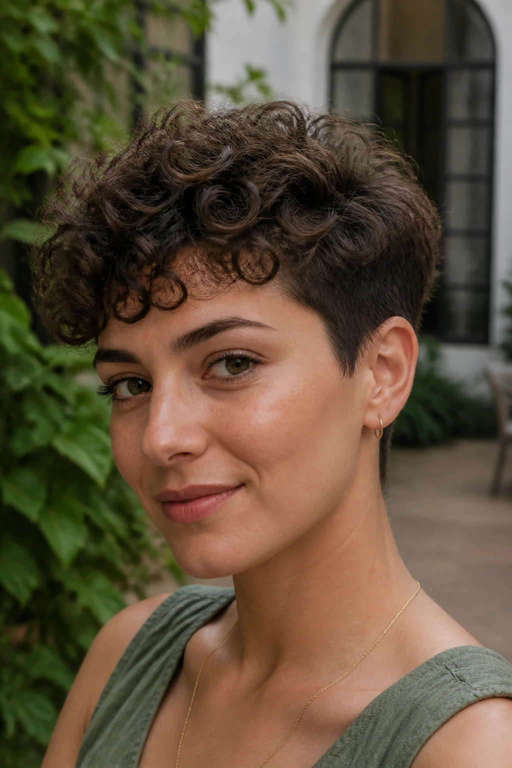 Portrait of a person with a curly pixie cut showing rounded top and lifted crown