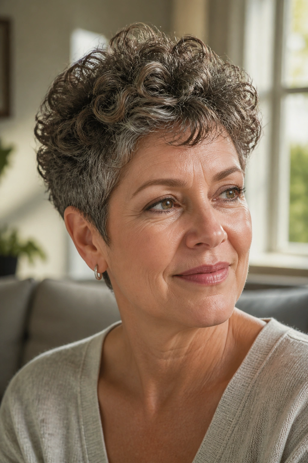 Close-up portrait of a real woman with a curly pixie and lifted crown.