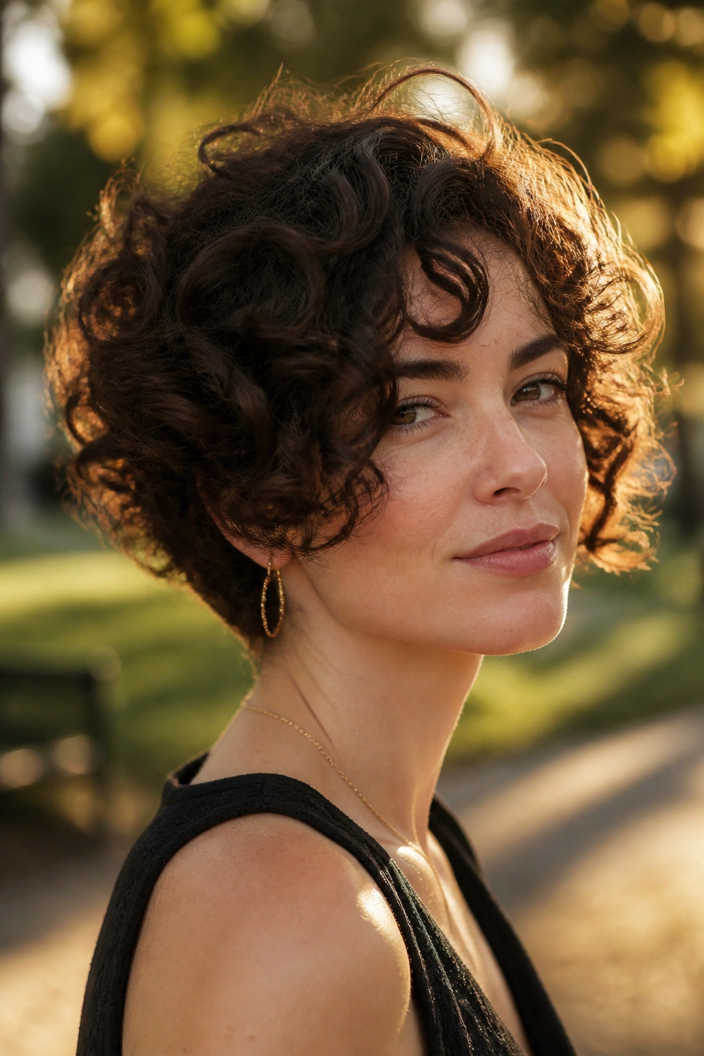 Close-up portrait of a real woman with curly long pixie in an outdoor park
