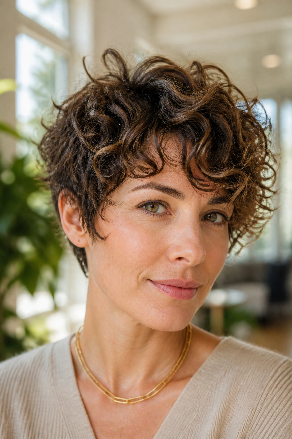 Close-up portrait of a real person with curly long pixie and shaped layers highlighting curl pattern