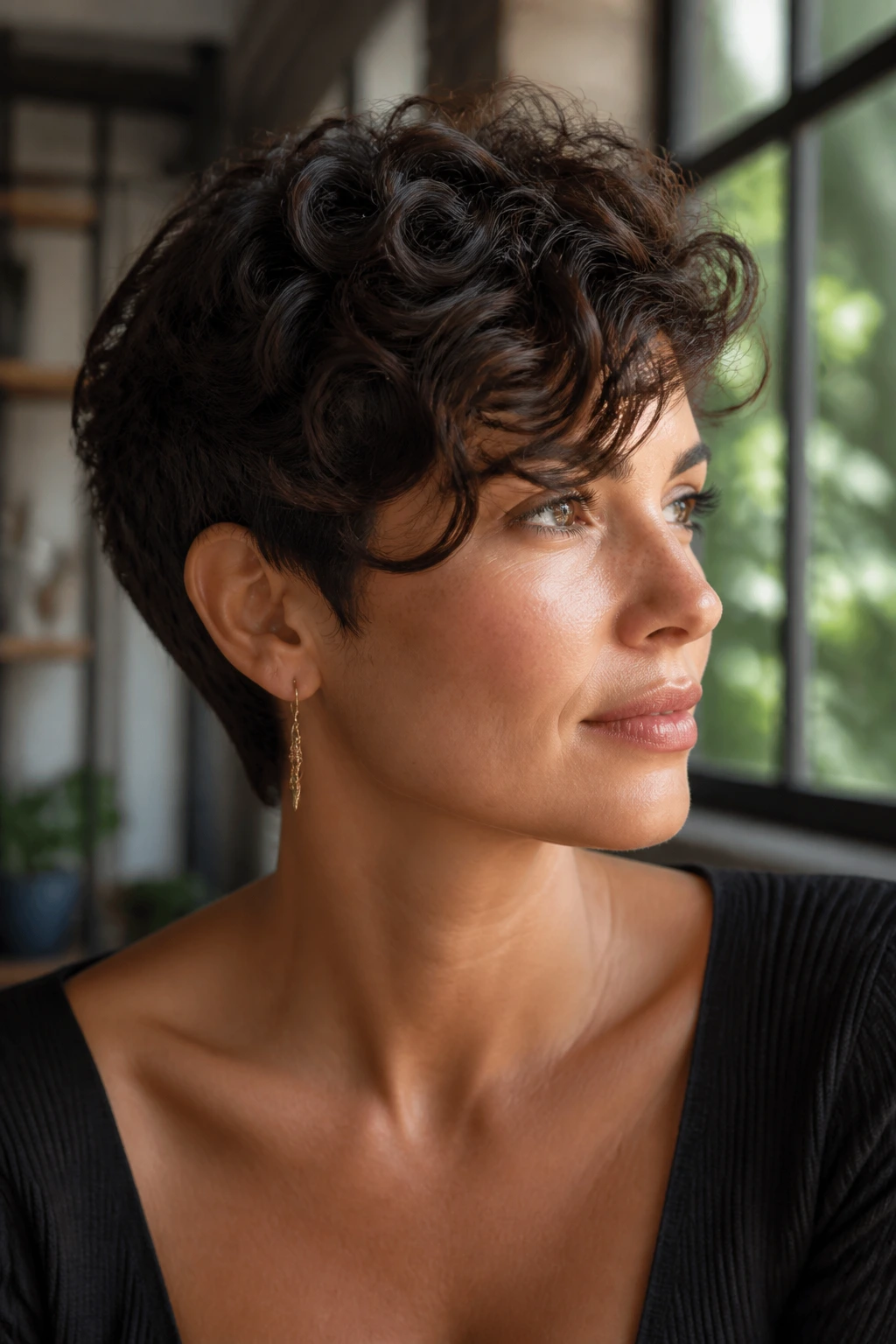Real woman with curly pixie and long top layers in a sunlit loft