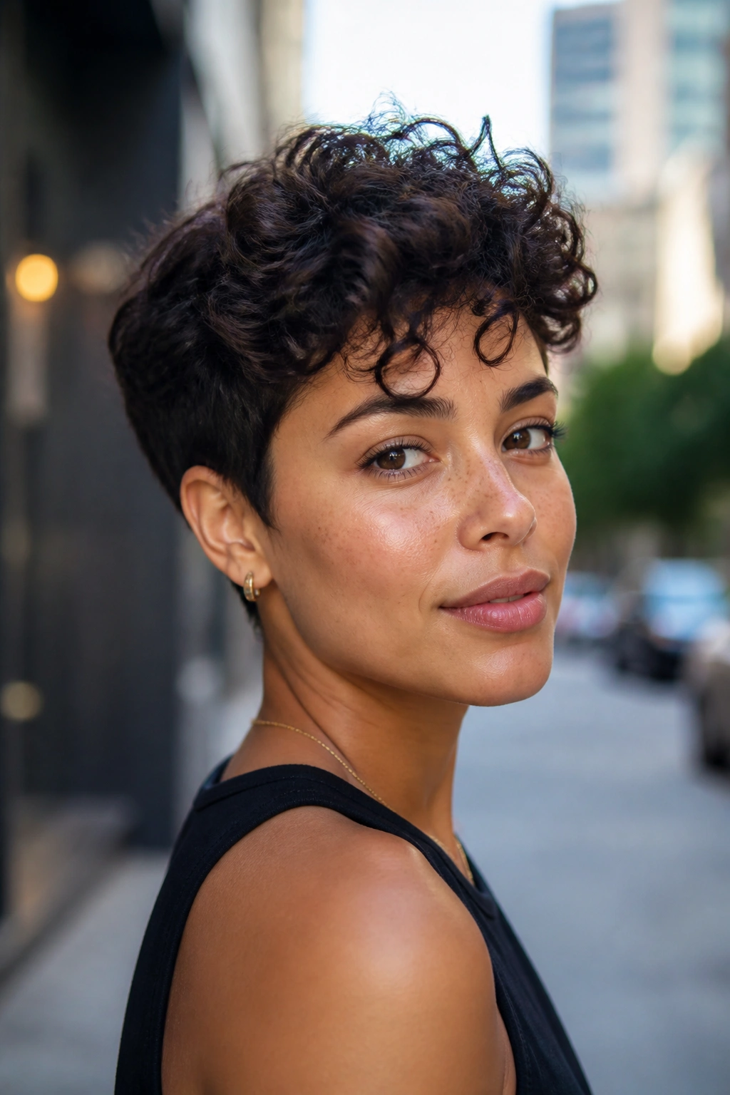 Portrait of a real person with a curly pixie haircut and a longer top