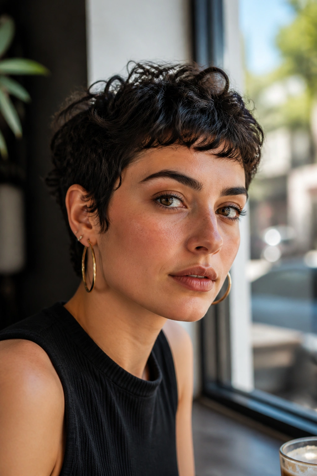 Portrait of a woman with curly pixie and micro bangs in a cafe window setting.
