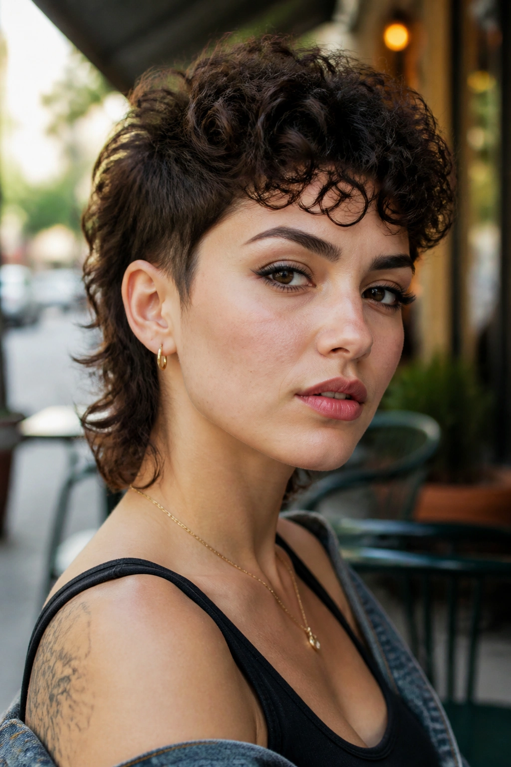 Portrait of a real person with a curly pixie mullet hairstyle in an urban cafe setting.