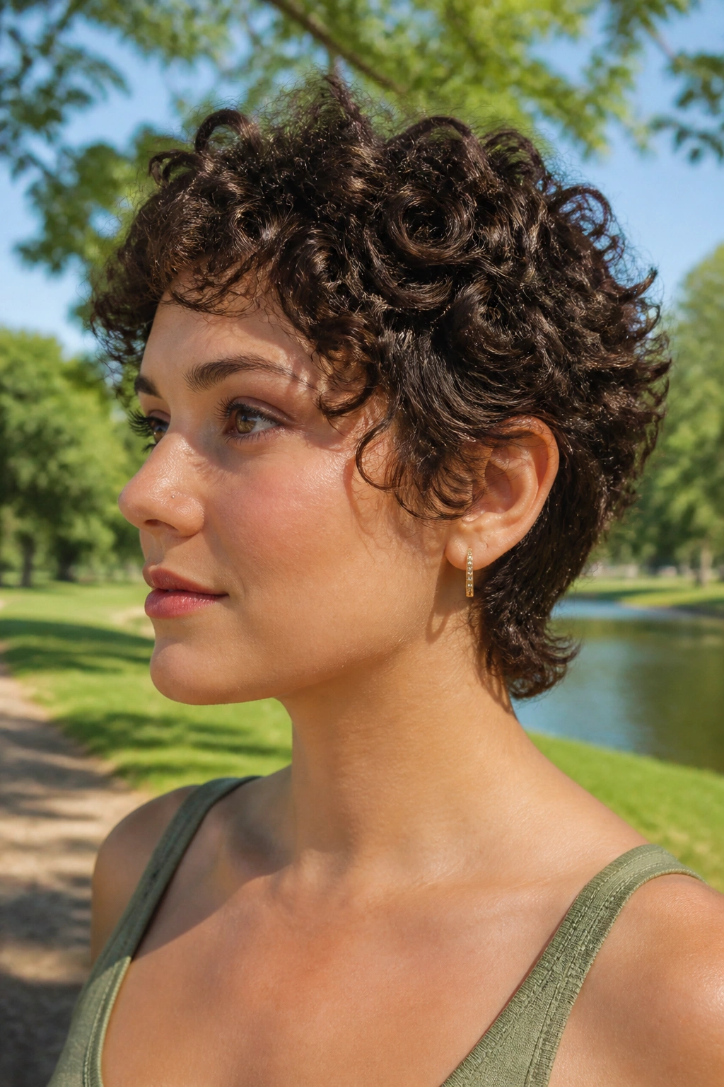 Portrait of a real woman with curly pixie mullet and tapered nape in park lighting