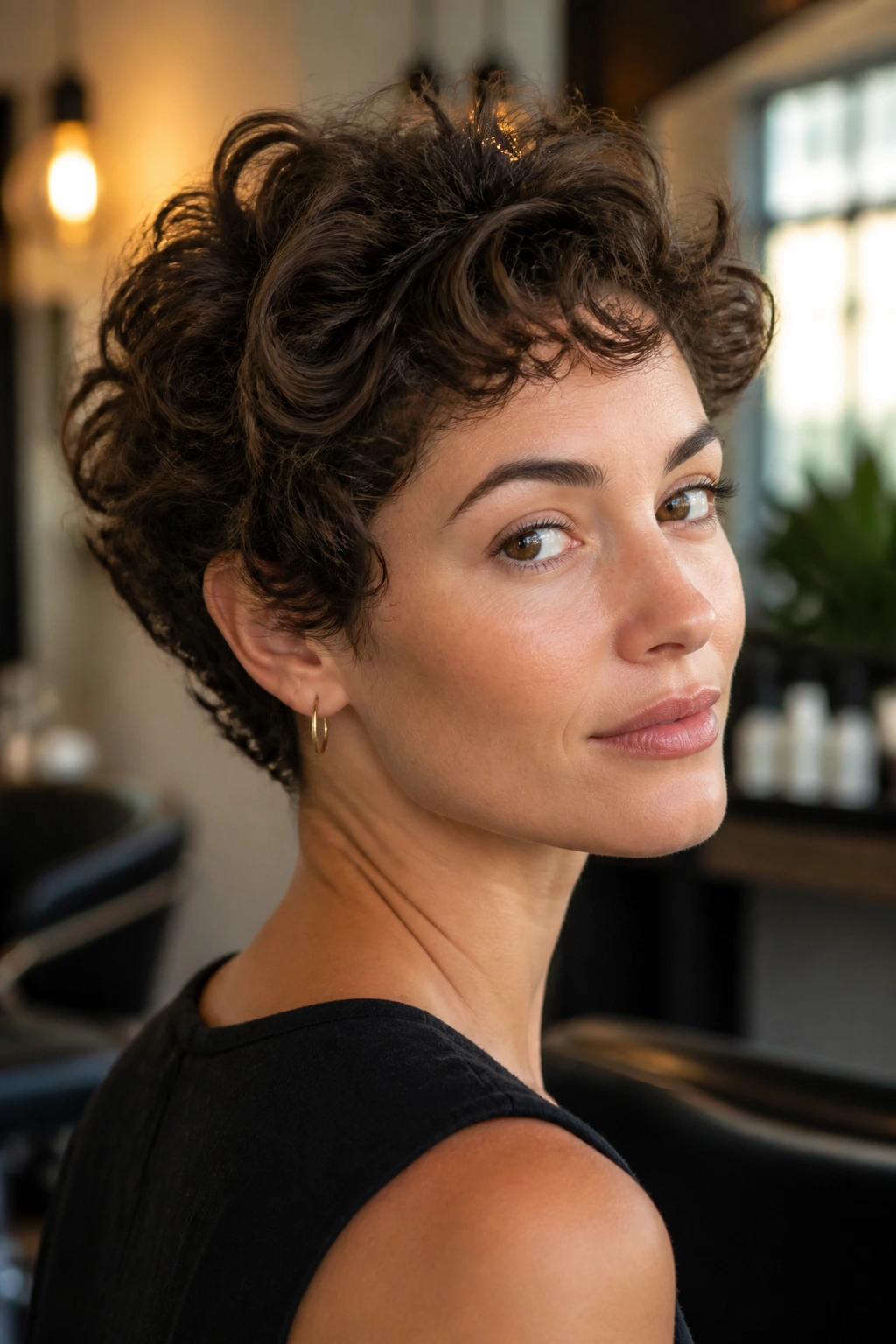 Close-up of a real person with a curly pixie perm hairstyle in a warm salon