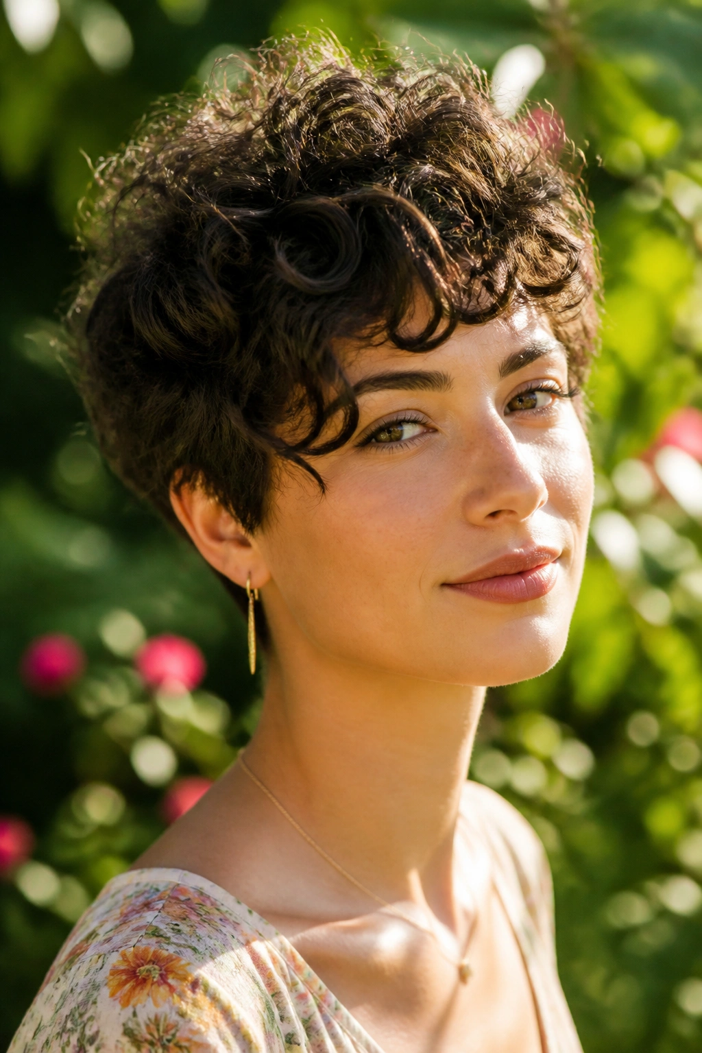 Close-up of a real woman with a curly pixie hairstyle in a sunny garden