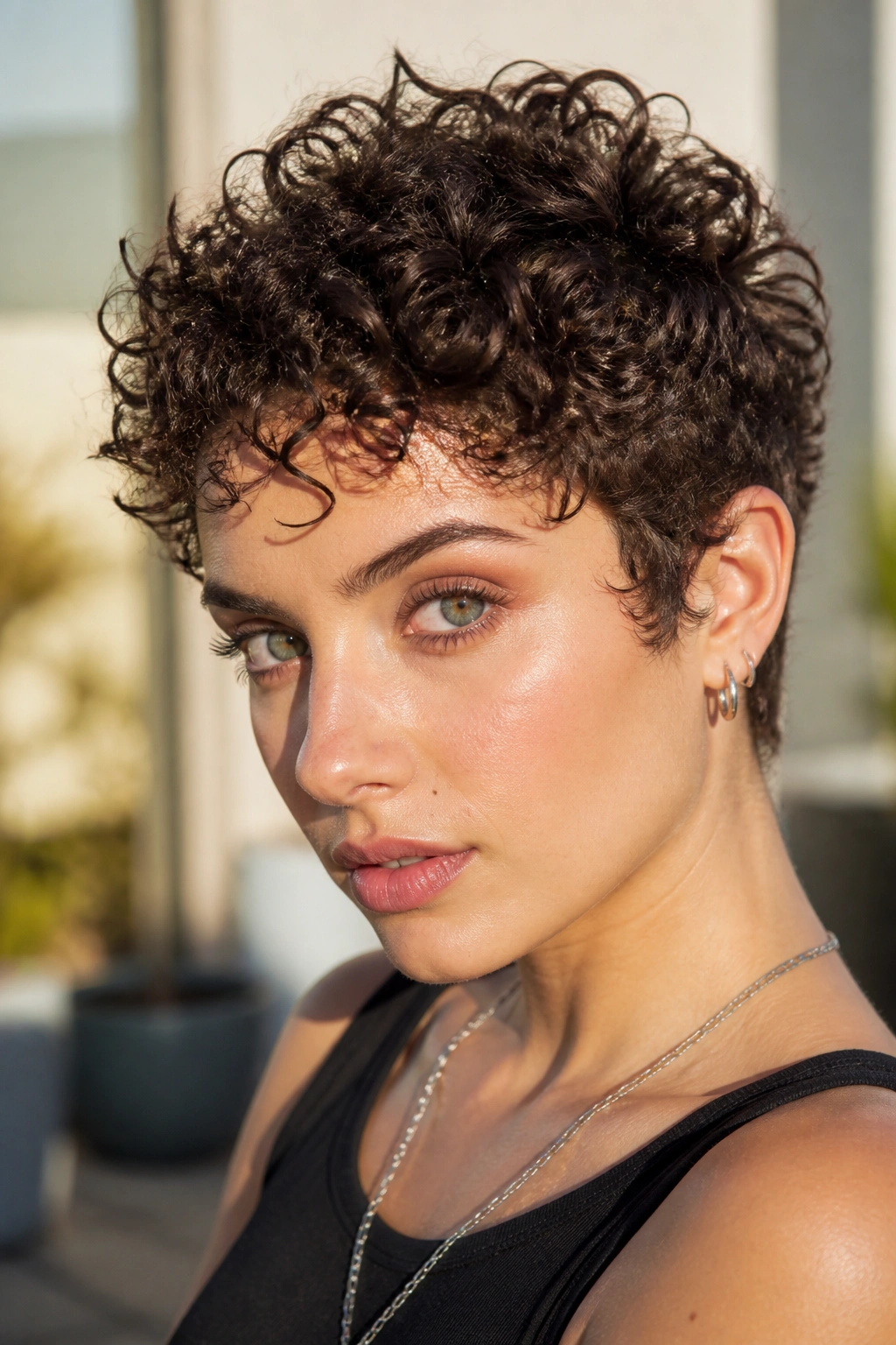 Real person with curly pixie and piecey crown, curls separated for a punk look