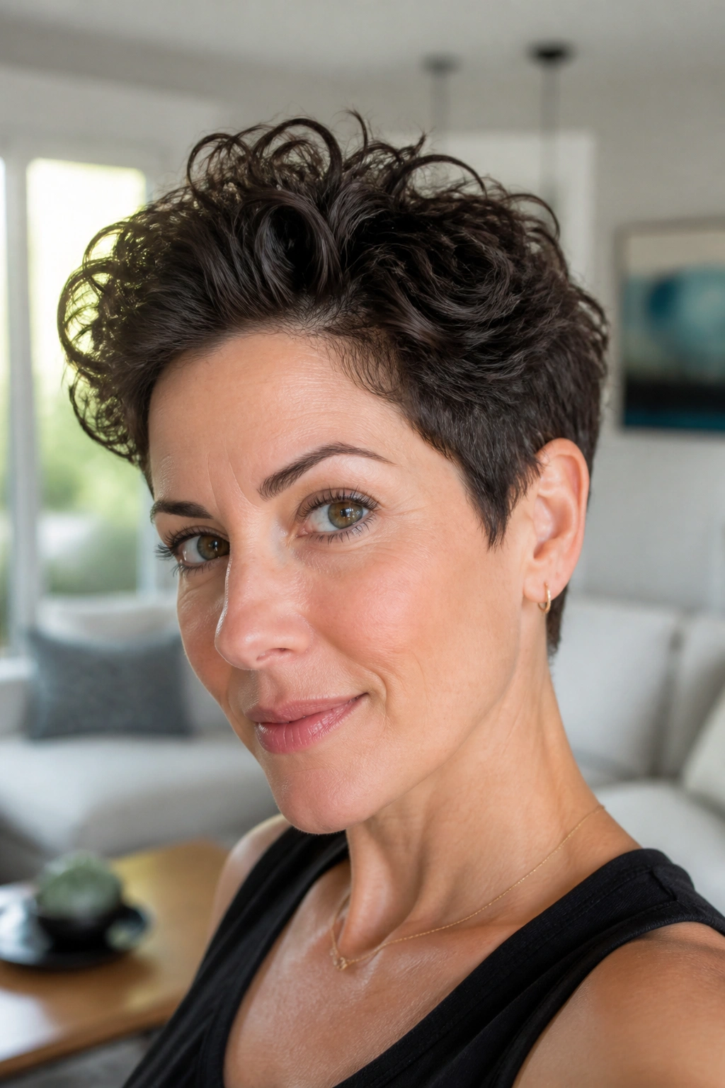 Close-up portrait of a real person with a curly pixie and lifted roots, showing voluminous curls and tidy sides.