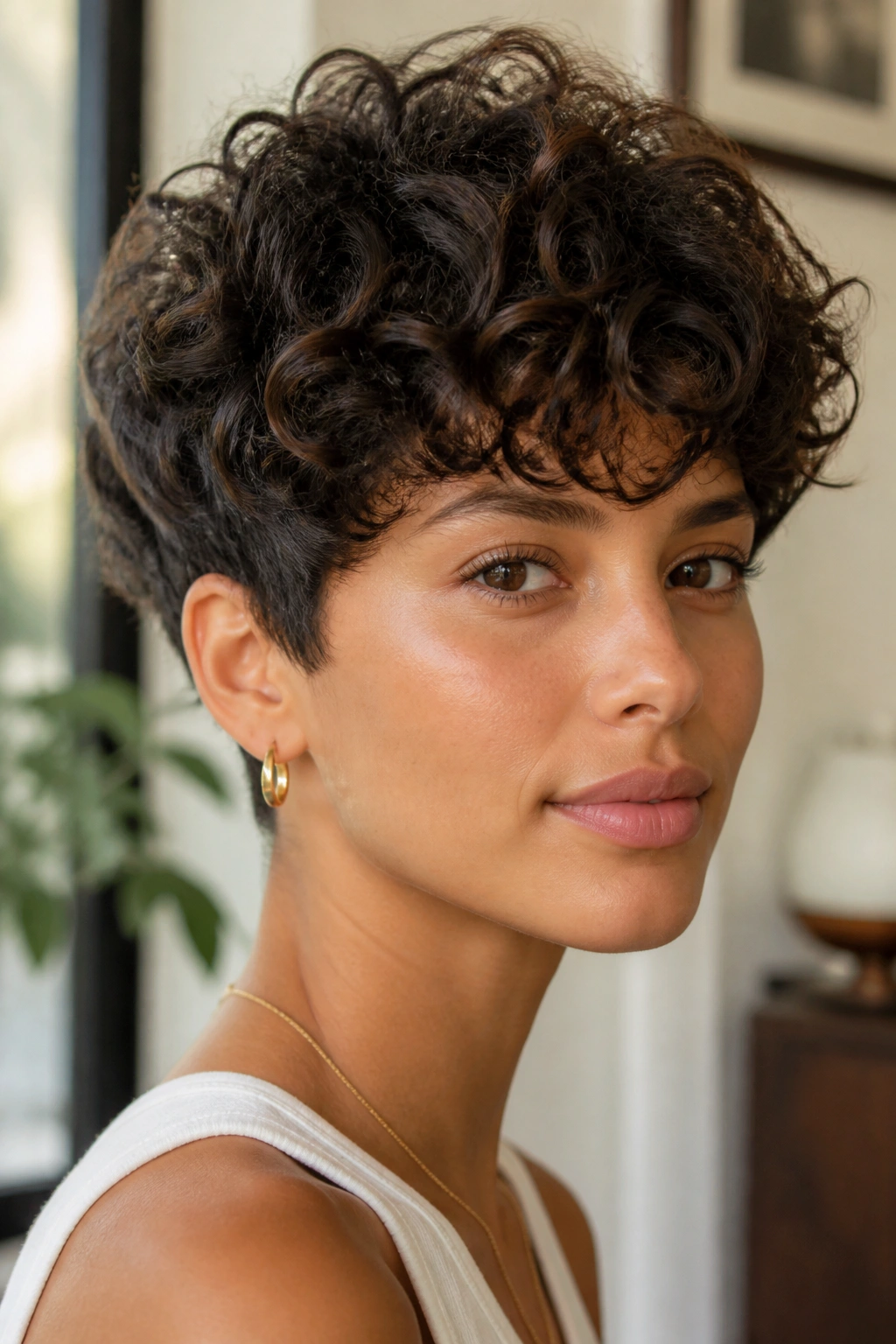 Close-up of real woman with curly long pixie rounded top