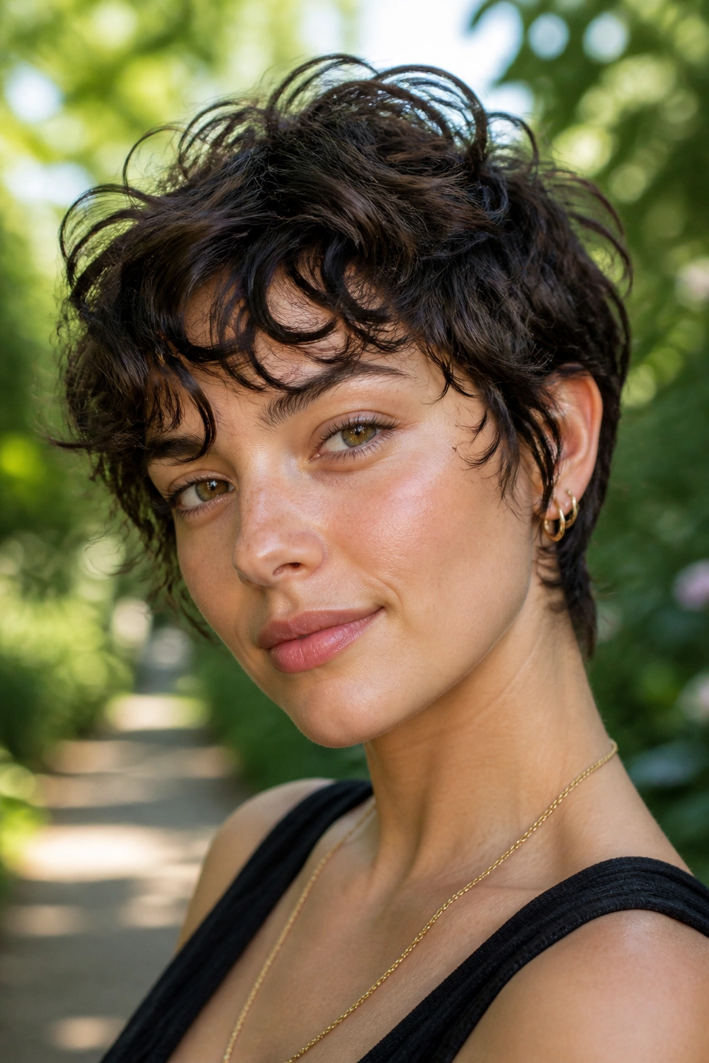 Close-up of a real person with curly shaggy pixie, curls lifted away from the cheeks.