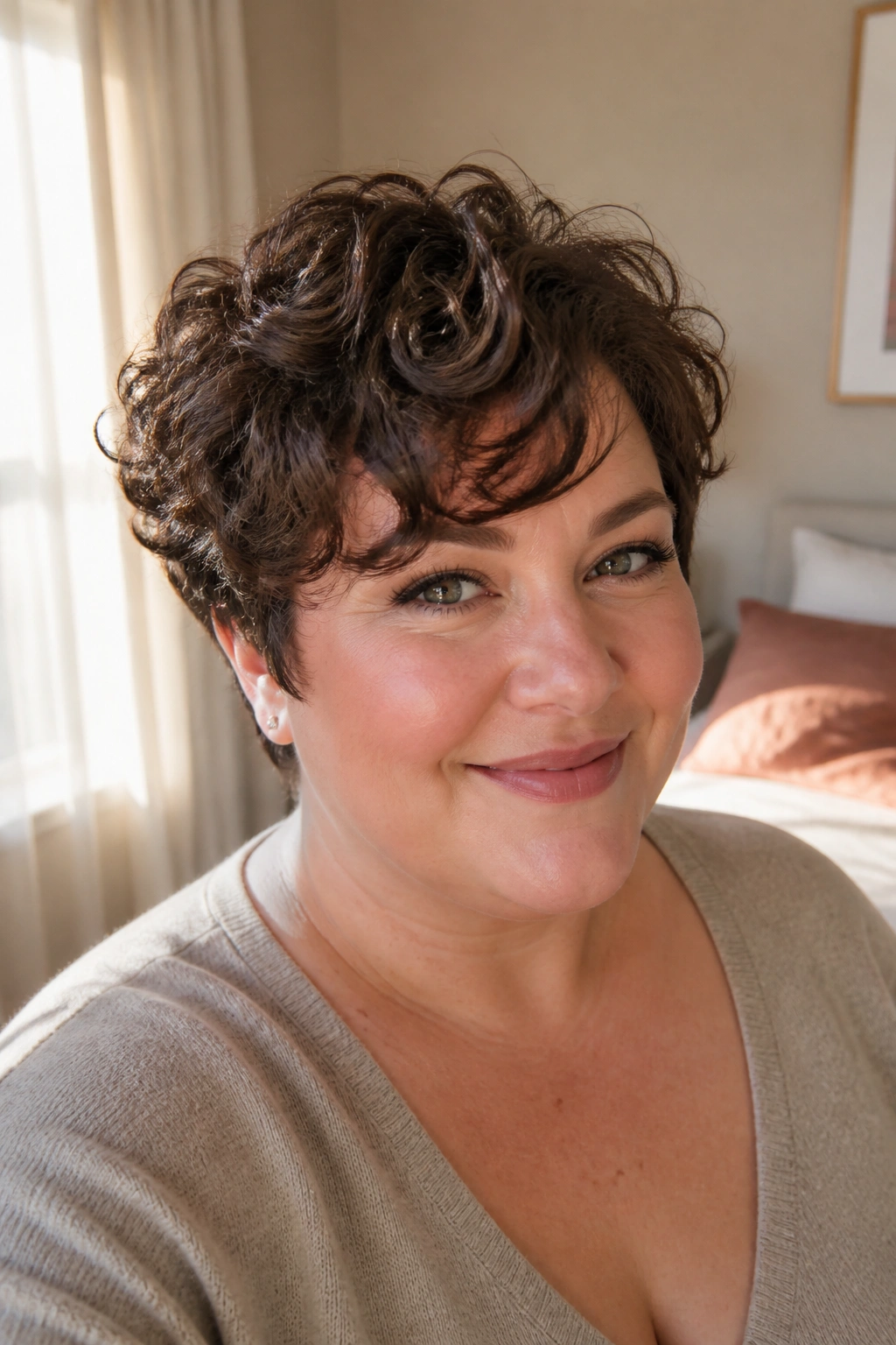 Close-up portrait of a real woman with a curly pixie and soft side bangs.
