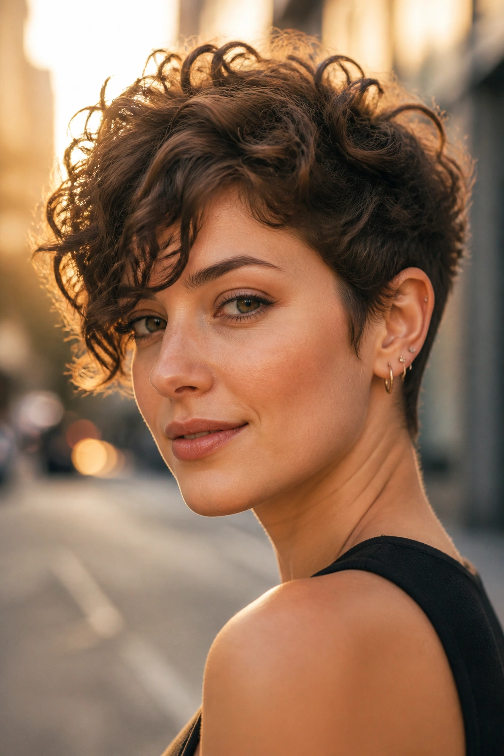 Close-up of a real woman with a curly pixie and side fringe.