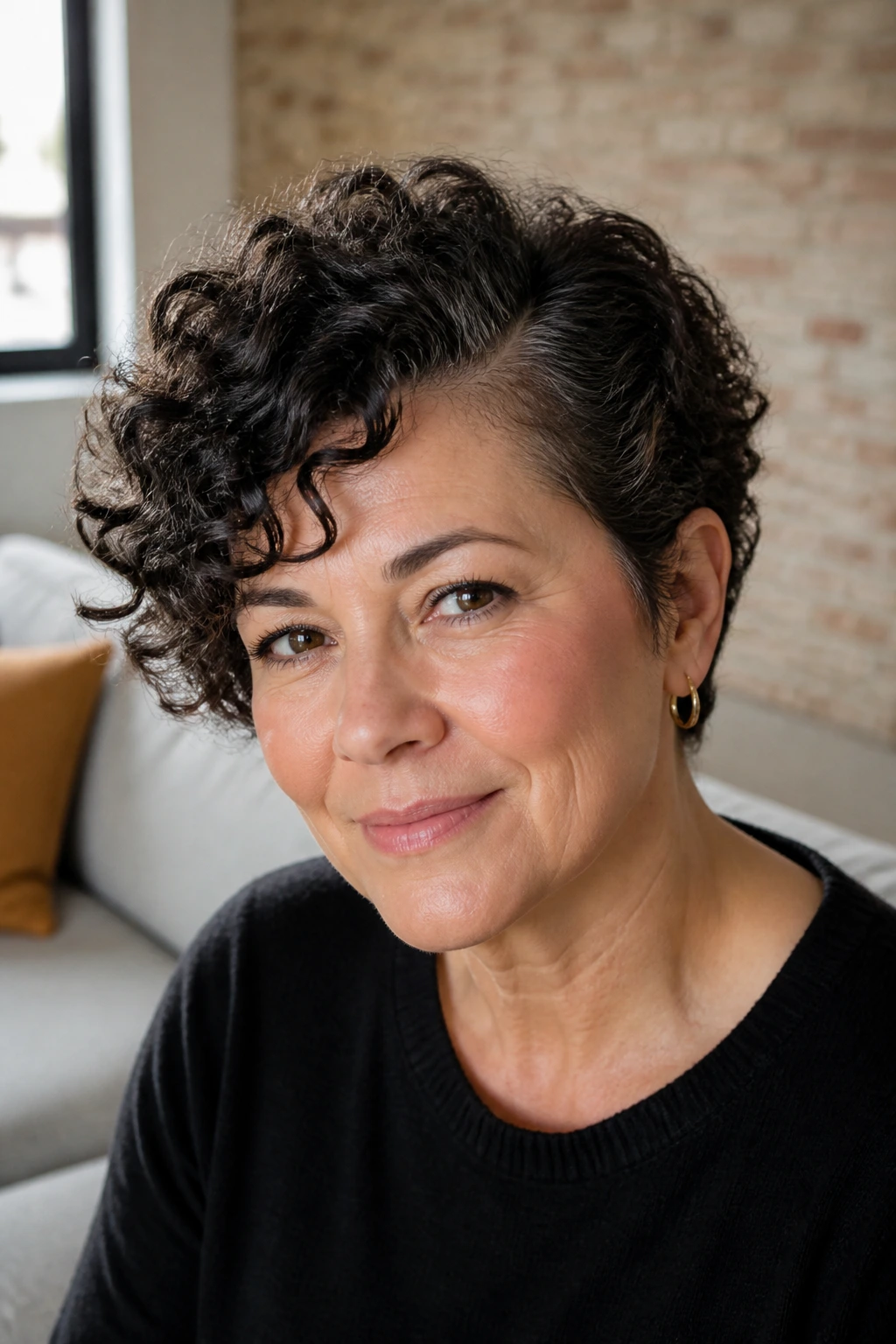 Close-up of a real woman with curly pixie and side part hairstyle