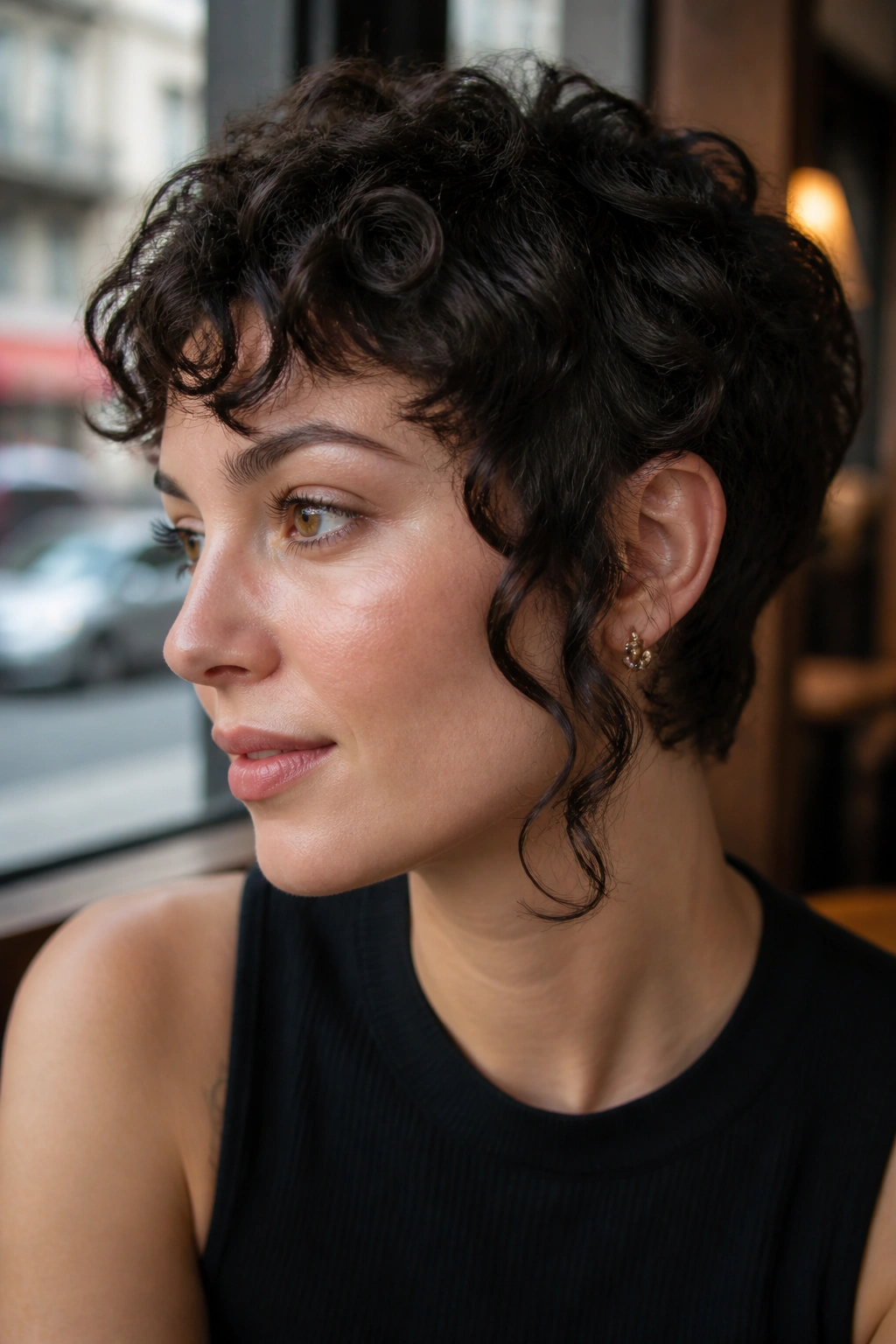 Profile view of a real woman with long curly sideburns in a cafe setting