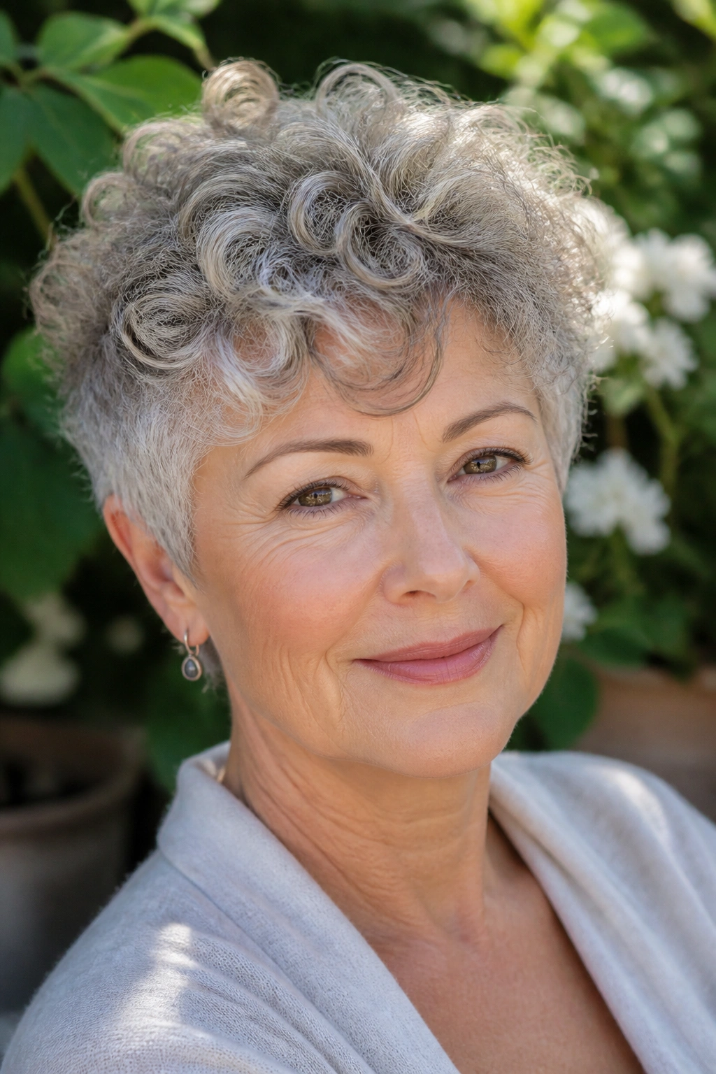 Close-up of a woman with a curly pixie and soft definition in a sunny garden setting.