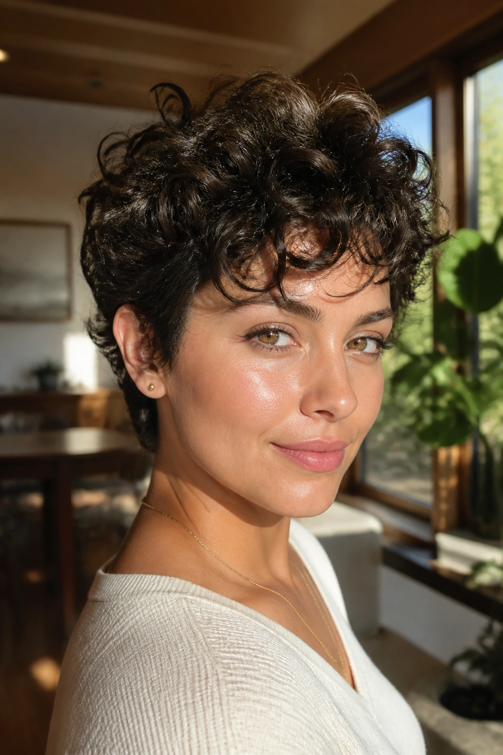Close-up portrait of a real woman with curly pixie hairstyle and soft volume on top.