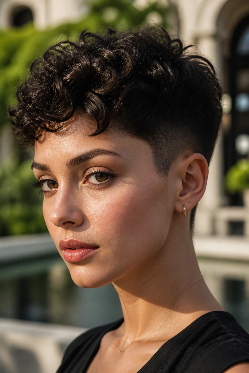 Close-up of a real woman with curly pixie and tapered sides outdoors