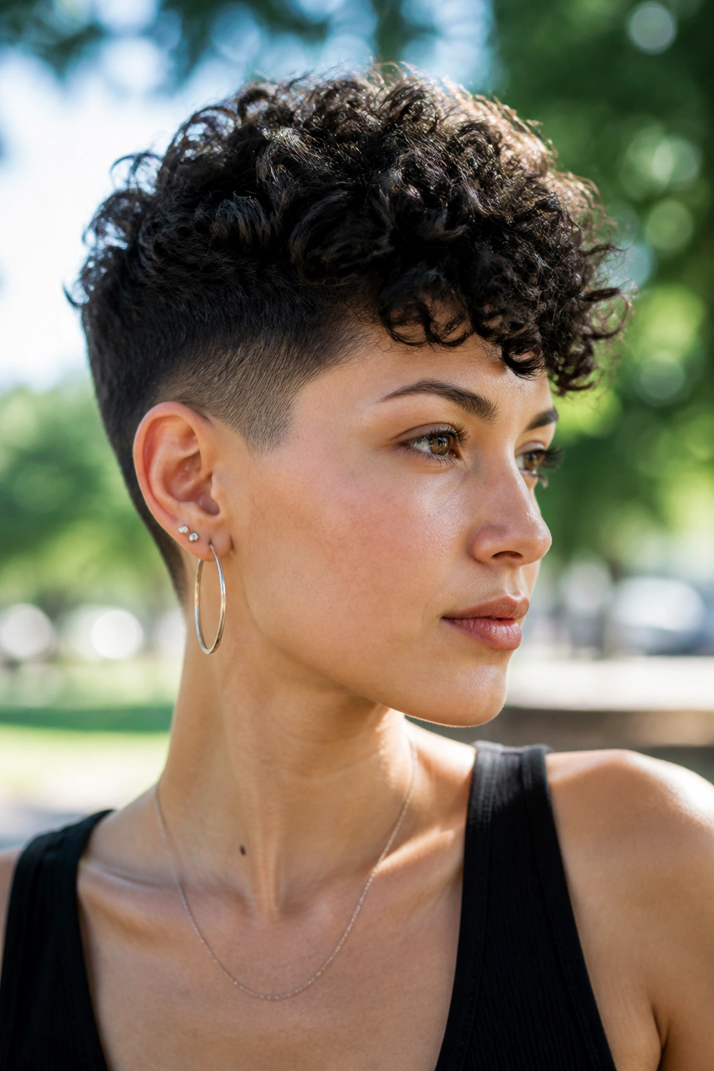 Close-up of curly pixie with temple fade on a real woman, in natural outdoor light