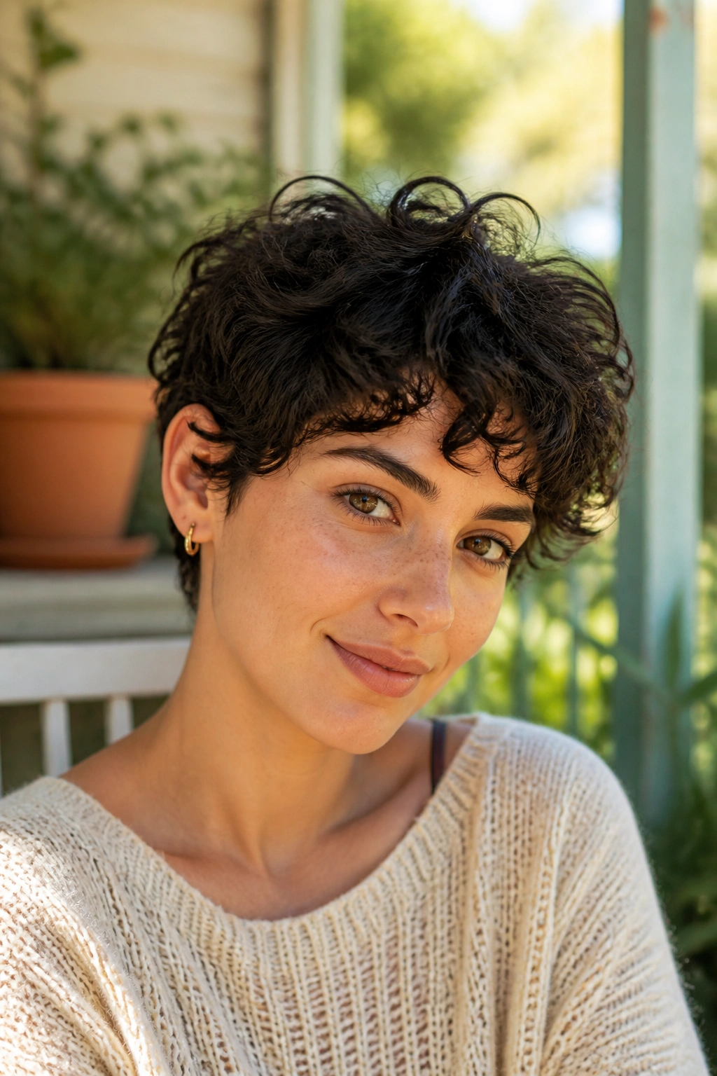 Portrait of a real woman with a curly messy pixie cut in a sunlit garden