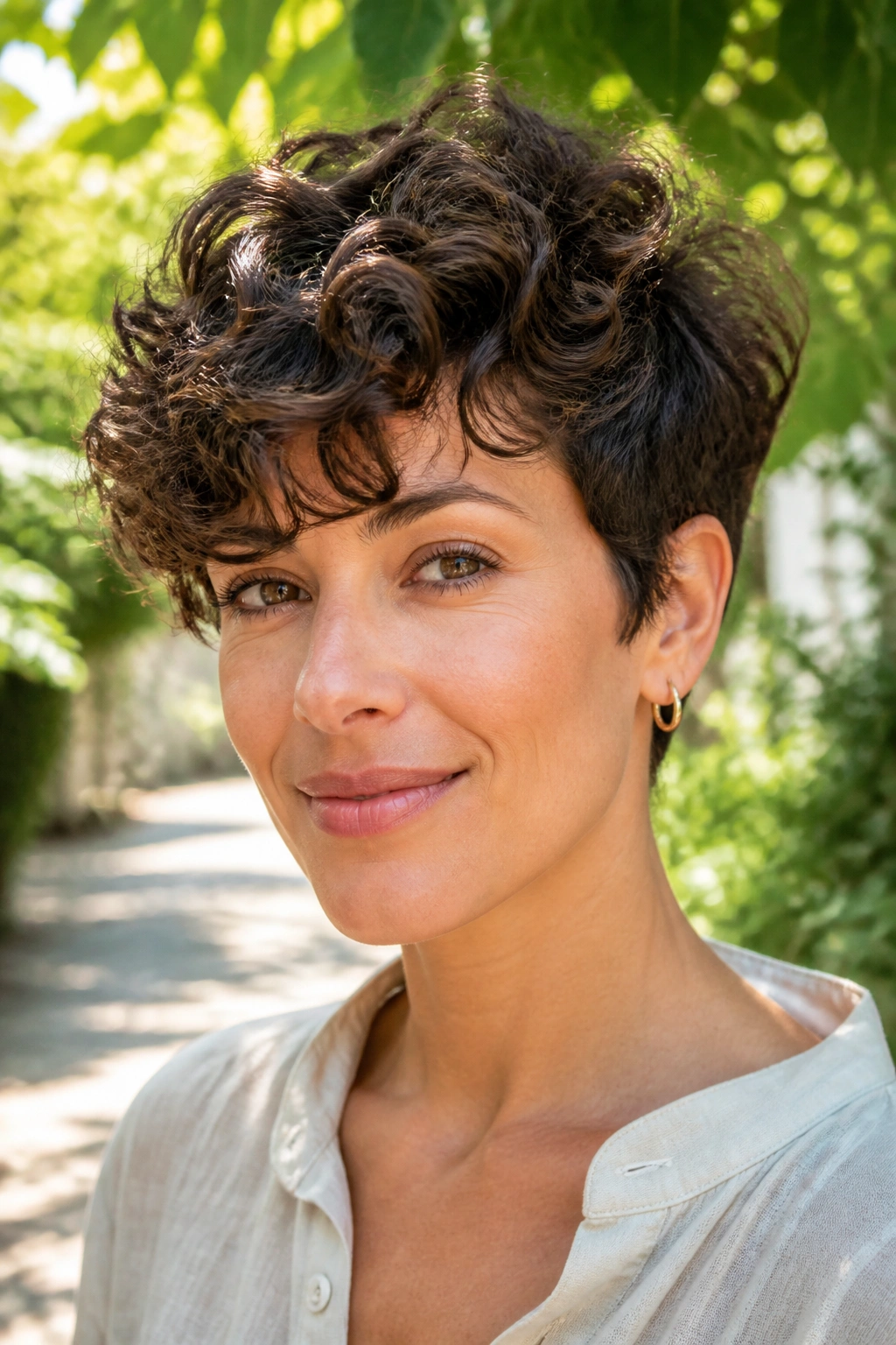 Real woman with curly long pixie showing defined curls and soft framing around face.