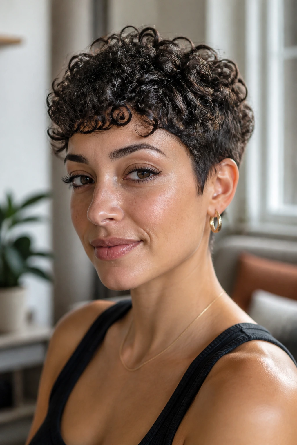 Close-up portrait of a real woman with a curly pixie showing textured curls