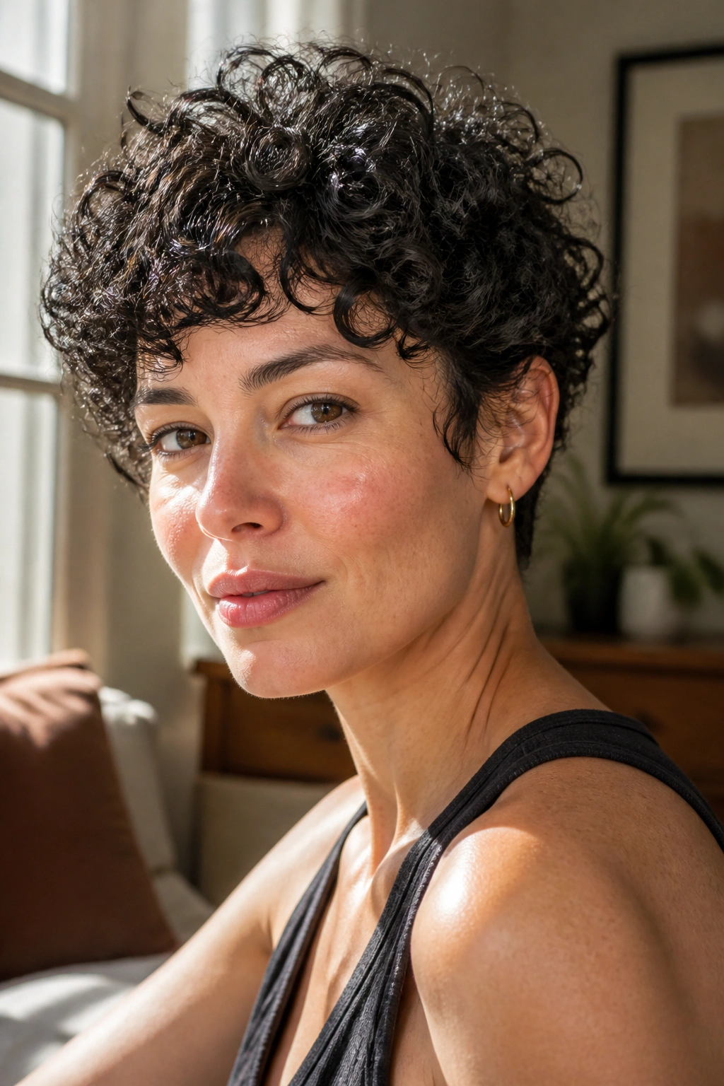 Close-up of a real woman with a curly pixie showing natural curl texture in warm window light