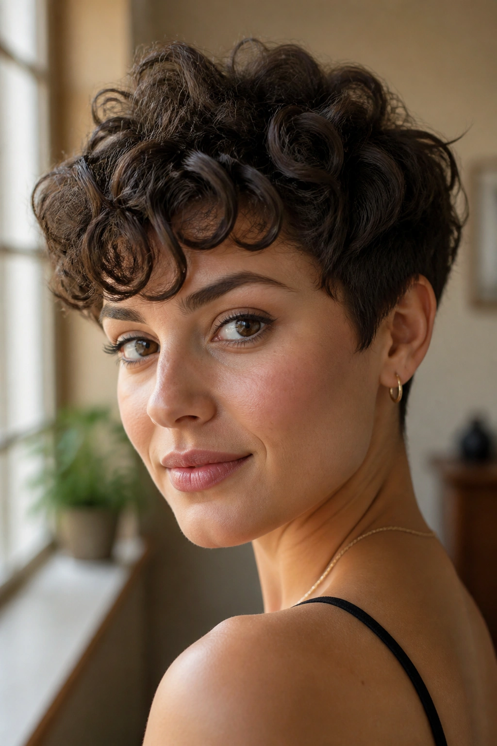 Close-up of a real woman with a curly pixie hairstyle showing texture
