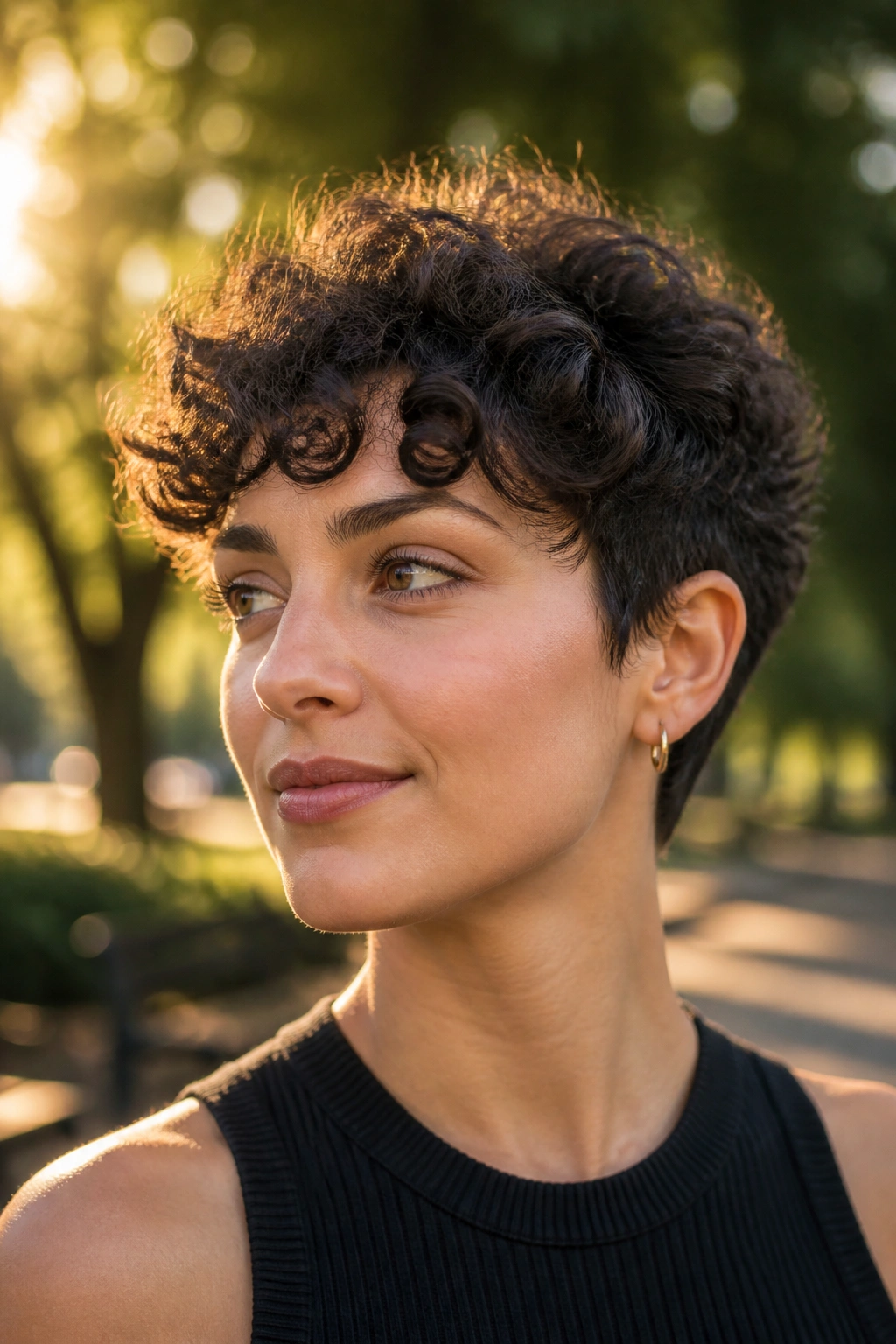 Portrait of a real woman with curly pixie honoring natural texture