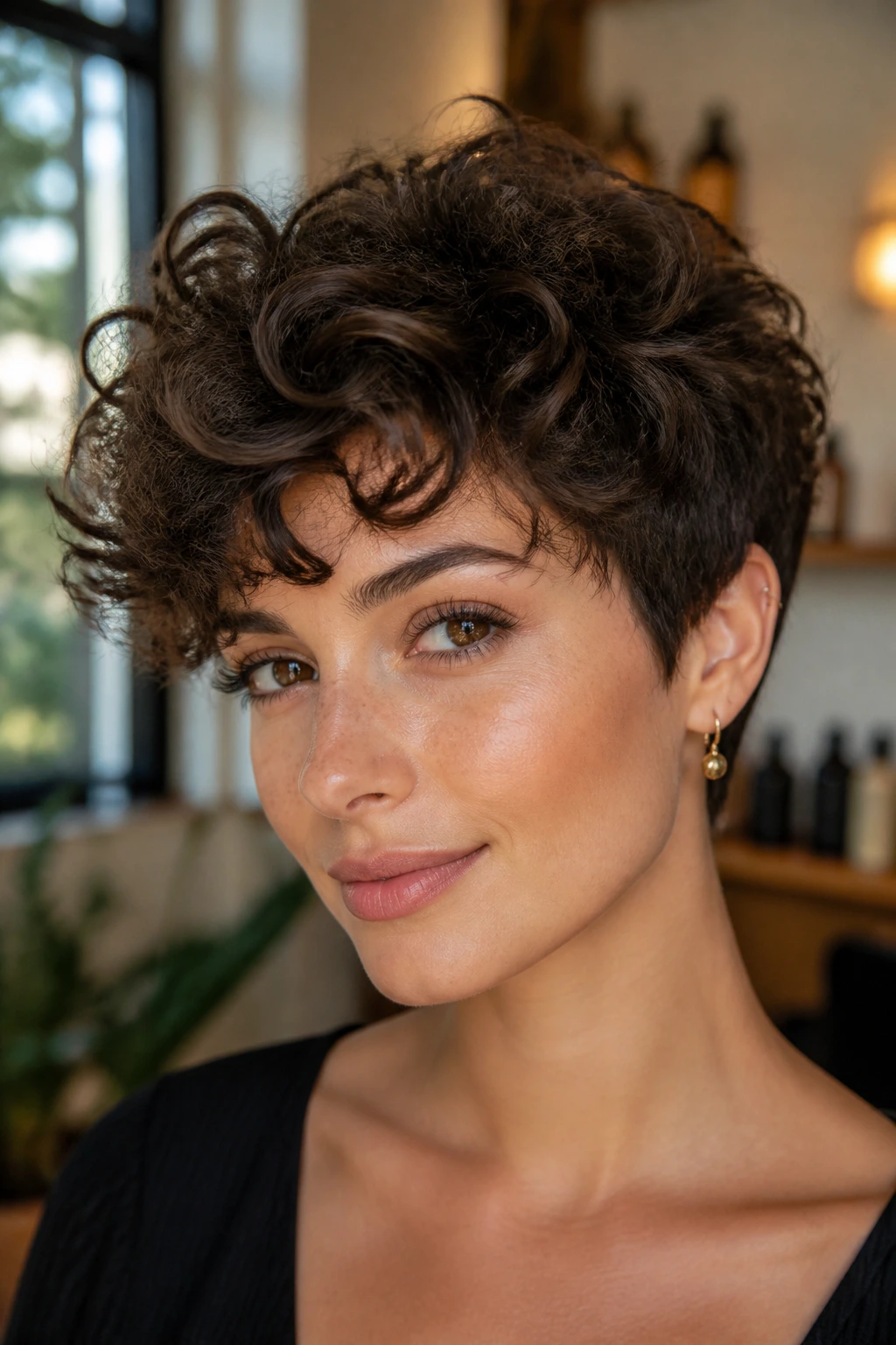 Close-up portrait of a real woman with a curly long pixie for thick hair and defined curls