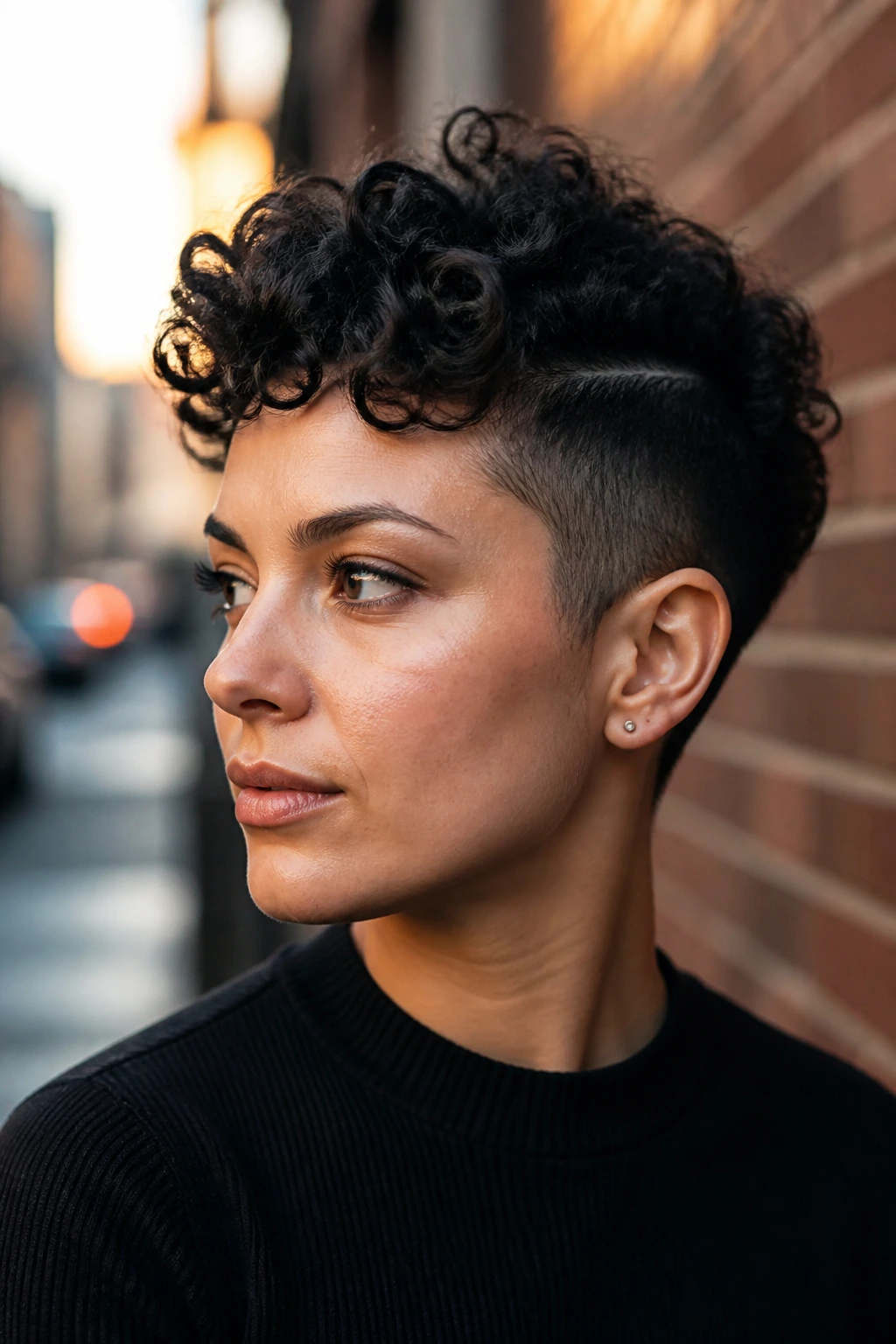 Close-up of a person with curly pixie and undercut on city street
