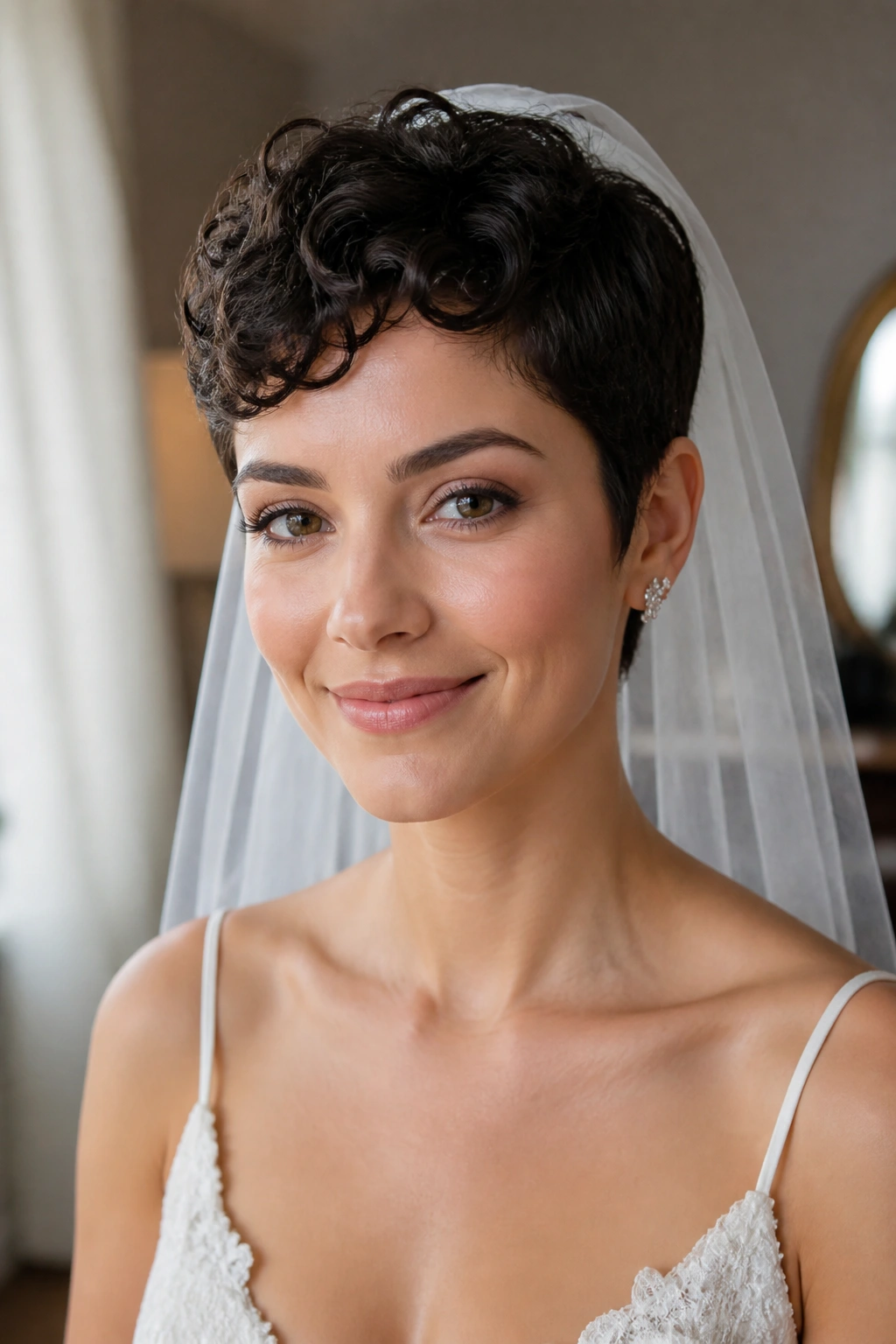 Close-up of a person with curly pixie and slim veil behind front hairline
