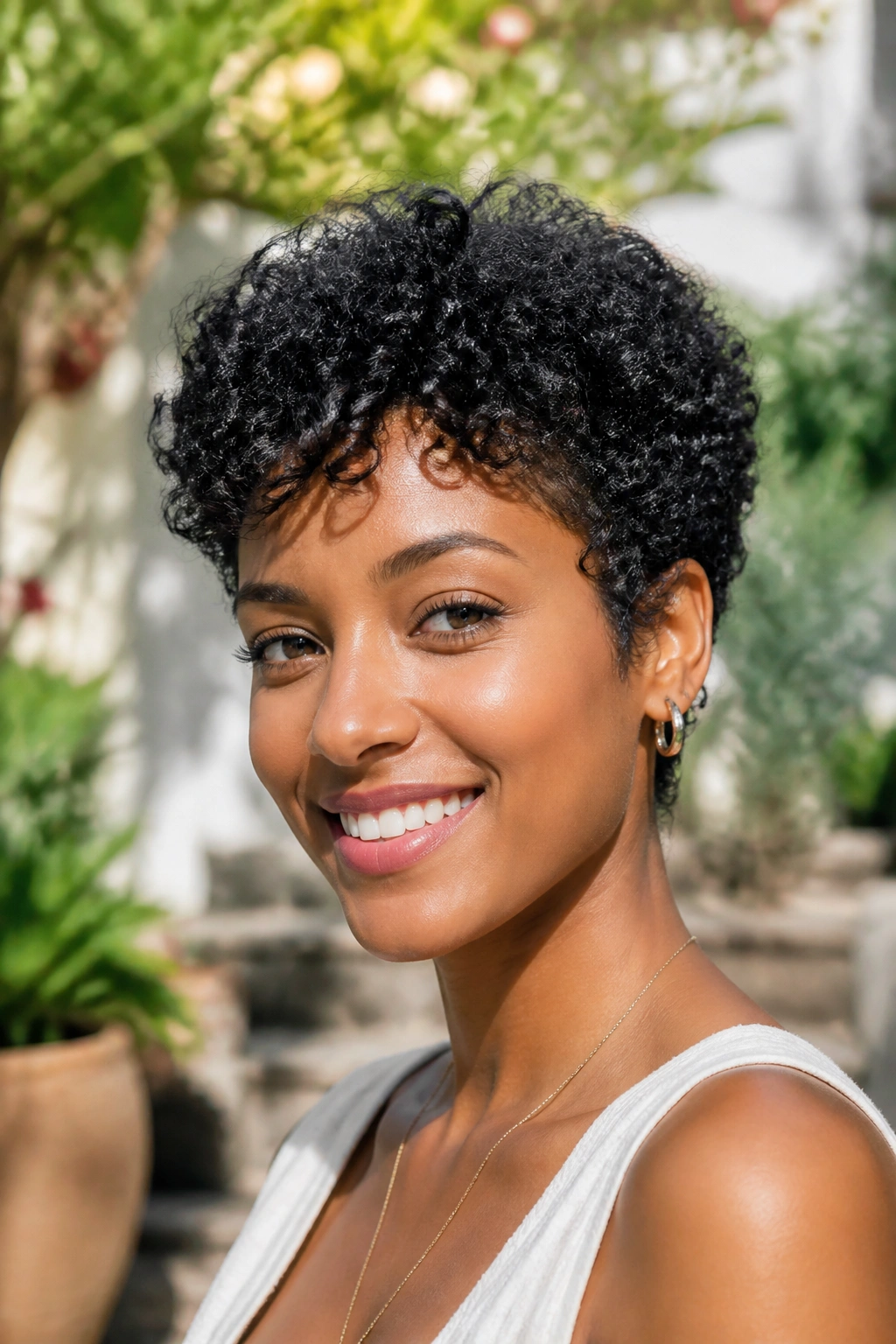 Close-up of a real woman with curly wash-and-go pixie showing defined curls